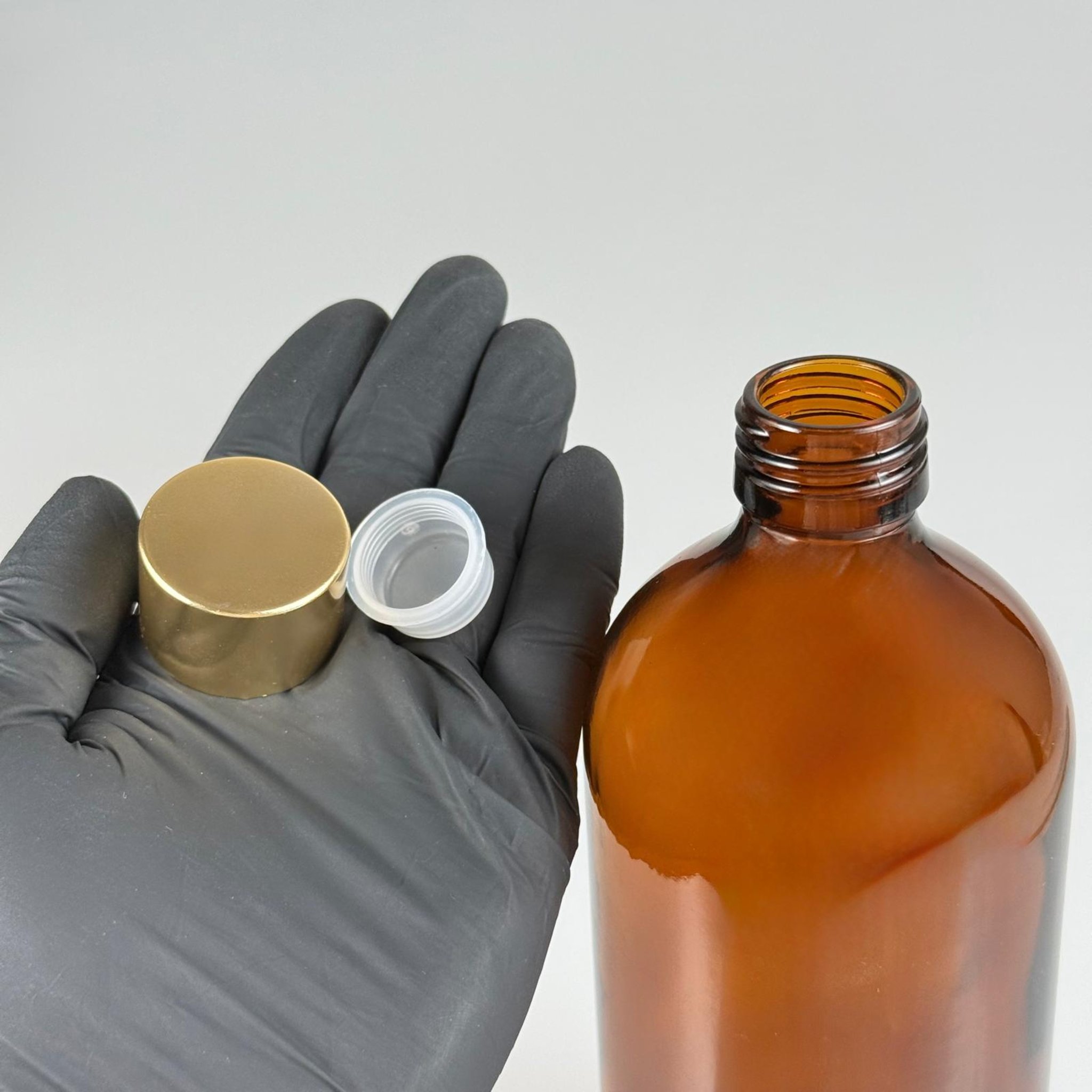 500 CC AMBER CAM ŞİŞE  + ALÜMİNYUM KAPLAMALI GOLD KAPAKLI + KÖR TIPALI TAKIM - 500 ML KAHVERENGİ CAM ŞİŞE