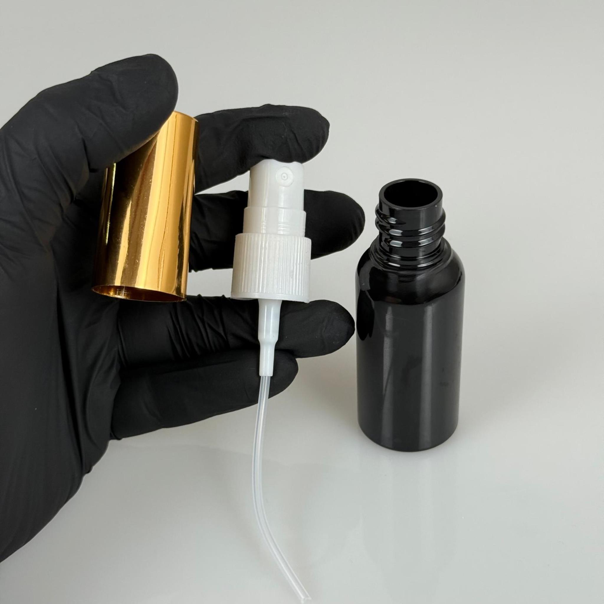 30 ML PET KOLONYA, PARFÜM VB ŞİŞELERİ - METAL ALÜMİNYUM GOLD KAPAK + VİDALI SPREY + 30 CC SİYAH ŞİŞE SET TAKIM