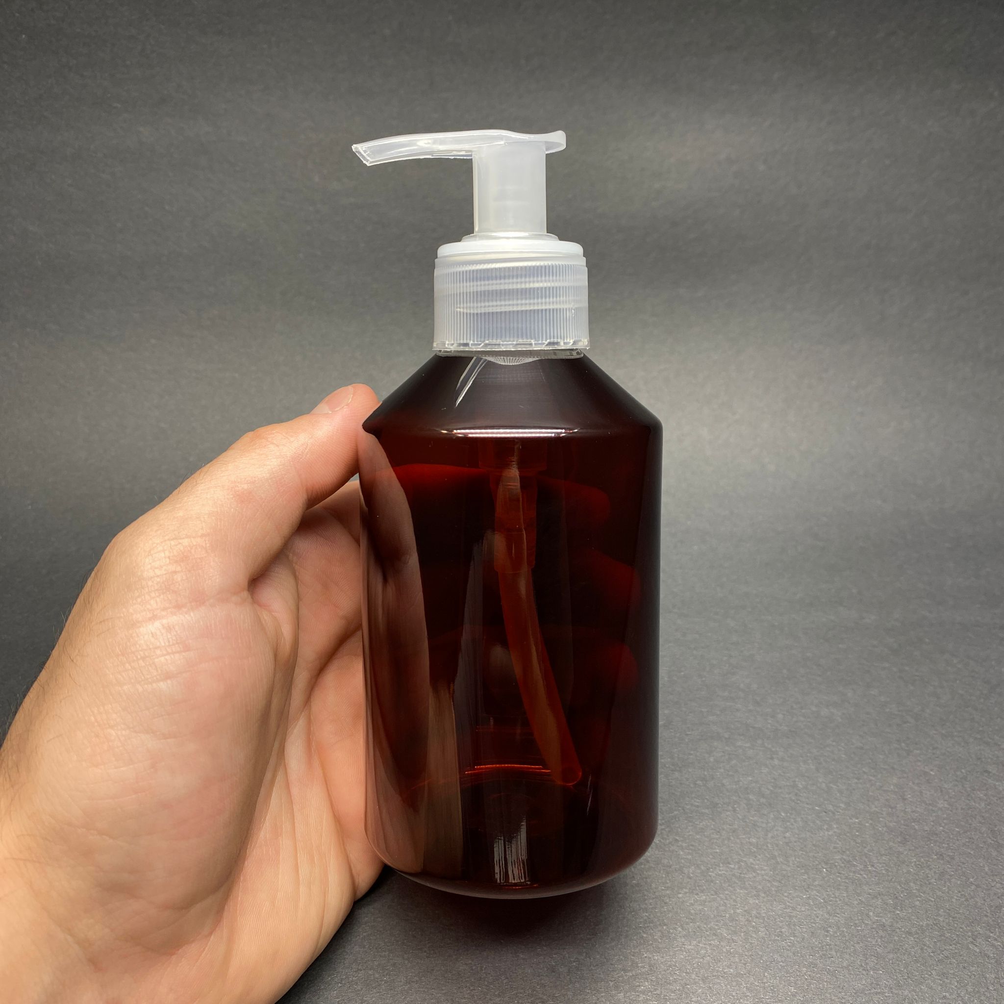 250 CC KÜT BOYUNLU AMBER PET ŞİŞE - ŞEFFAF SIVI SABUN POMPALI  - 250 ML PLASTİK ŞİŞE