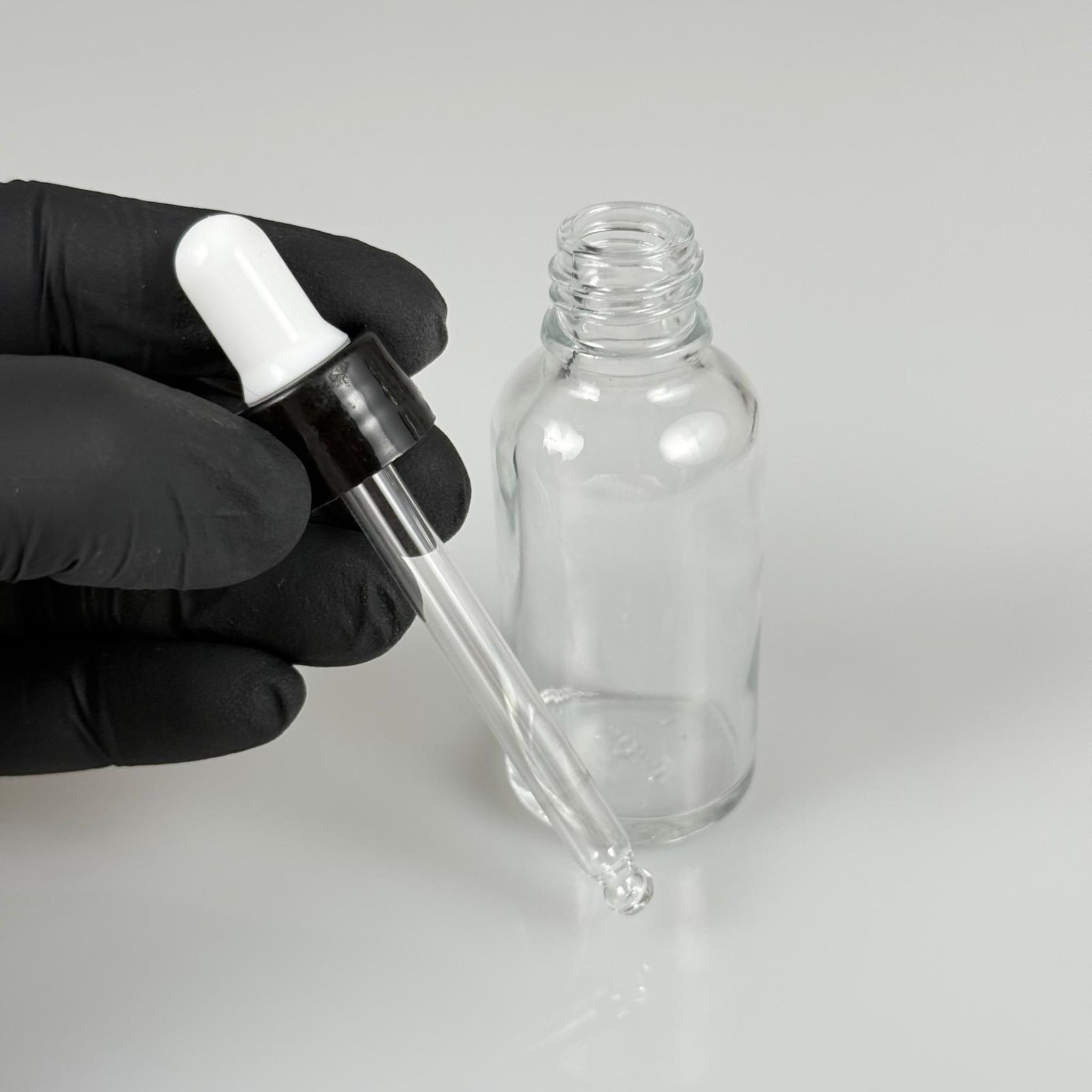 30 CC ŞEFFAF CAM DAMLALIKLI ŞİŞE - BEYAZ EMZİK + SİYAH DÜZ KAPAK + CAM PİPET TAKIM - 30 ML DAMLALIKLI ŞİŞE SETİ