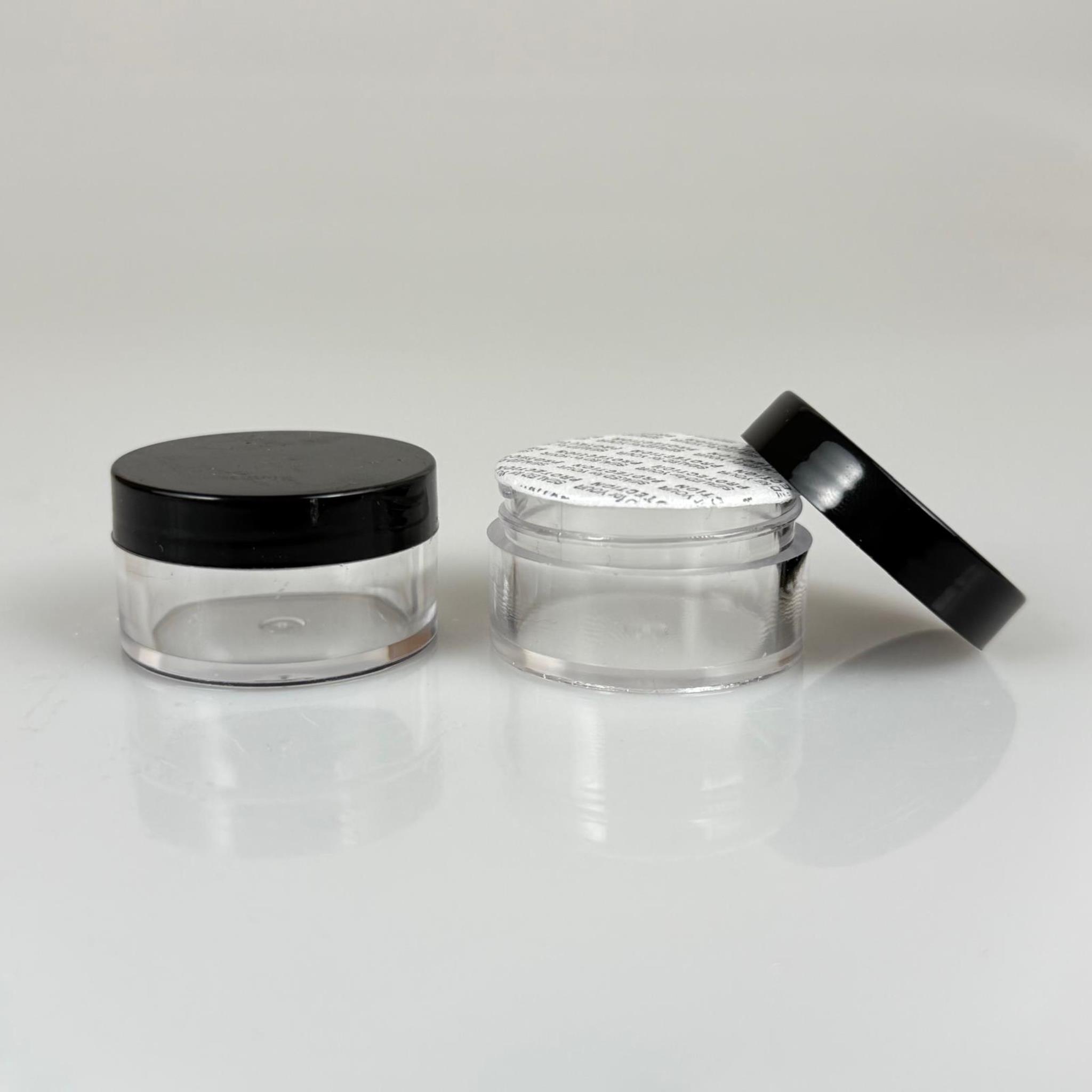 10 CC KRİSTAL KAVANOZ - SİYAH KAPAKLI + KENDİNDEN YAPIŞKANLI KÖPÜK CONTALI - 10 ML KREM KAVANOZ KALIN ŞEFFAF PLASTİK MİKA AKRİLİK