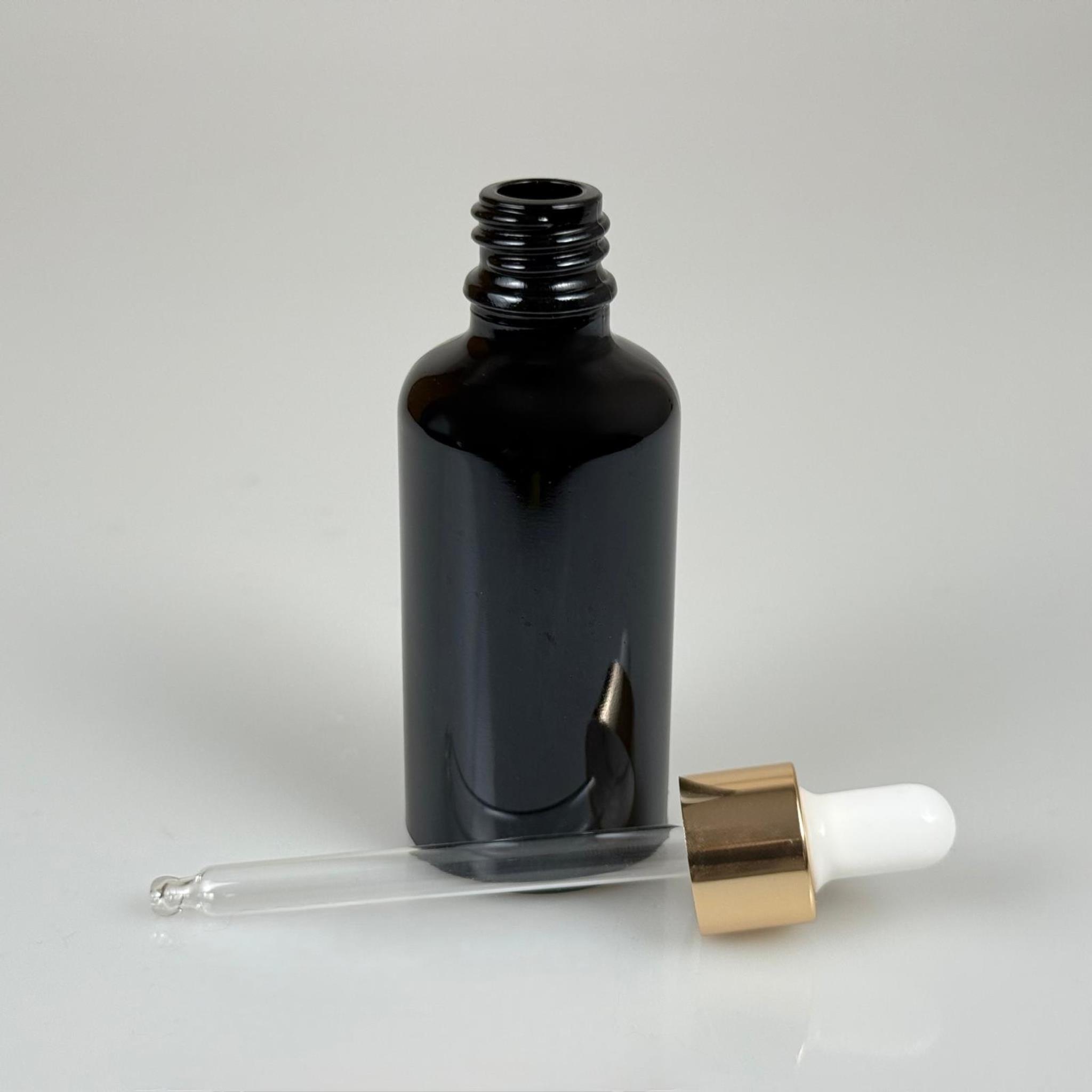 50 CC SİYAH CAM DAMLALIKLI ŞİŞE - BEYAZ EMZİK - GOLD METALİK KAPAK - 50 ML SİYAH CAM DAMLALIKLI ŞİŞE