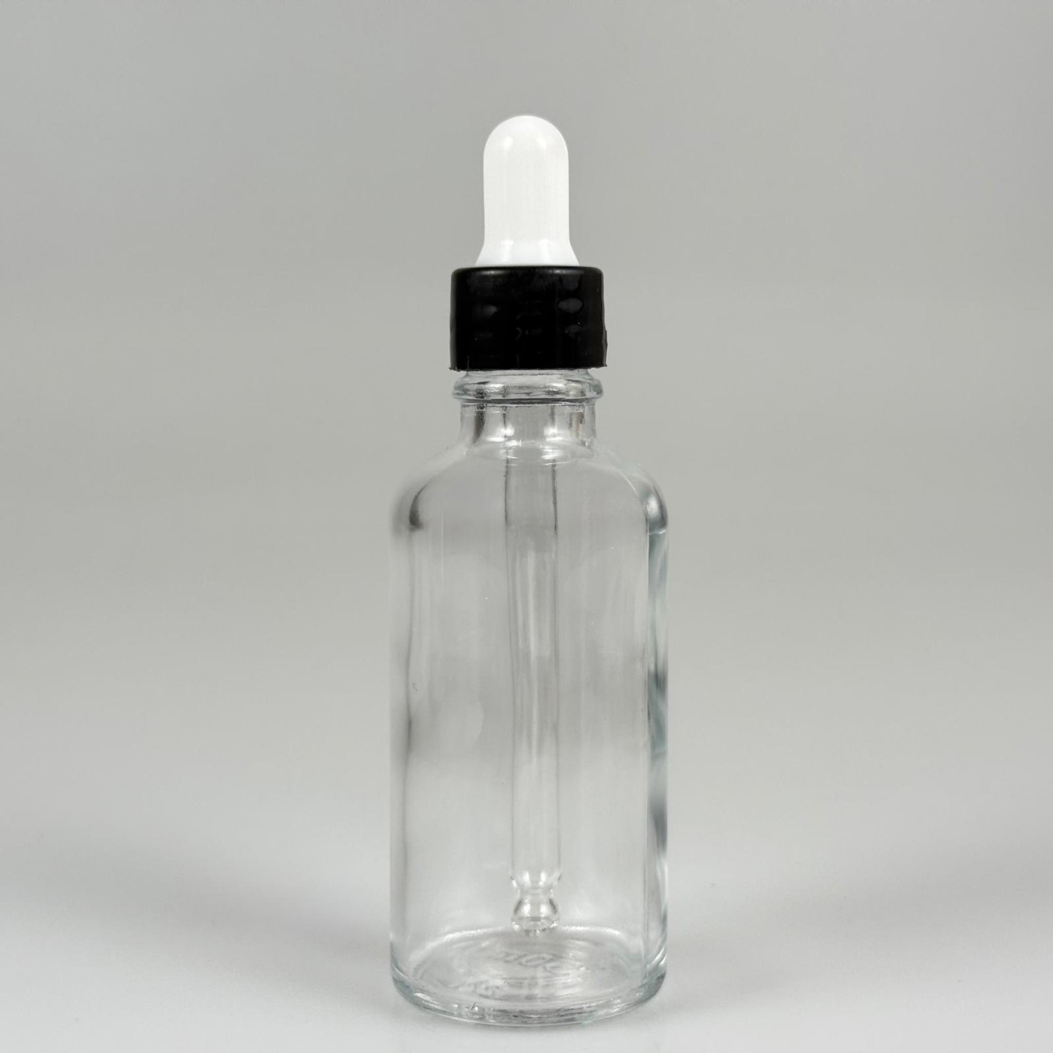 50 CC ŞEFFAF CAM DAMLALIKLI ŞİŞE - BEYAZ EMZİK + SİYAH DÜZ KAPAK + CAM PİPET TAKIM - 50 ML DAMLALIKLI ŞİŞE SETİ
