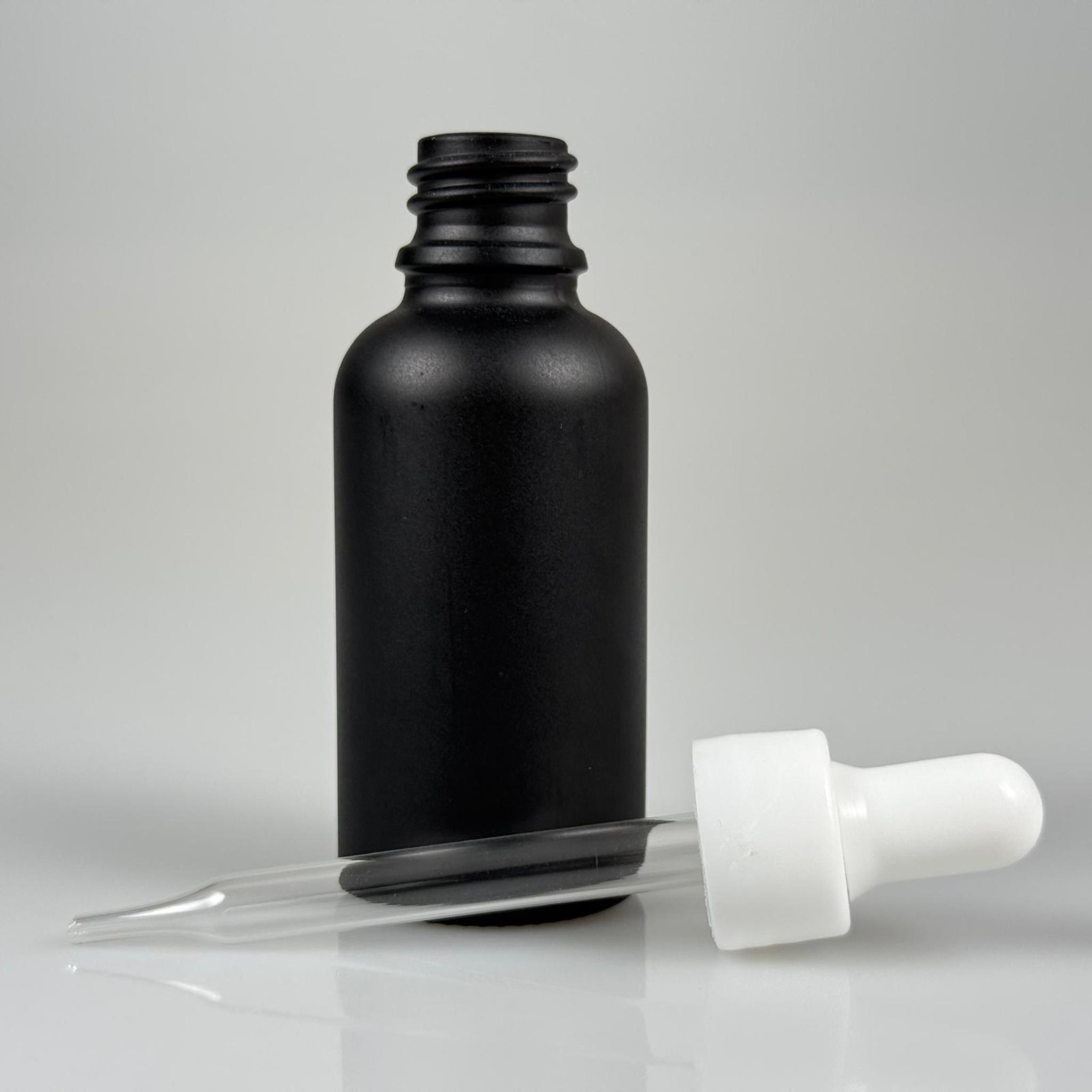 30 CC MAT SİYAH İNCE UÇLU CAM DAMLALIKLI ŞİŞE - BEYAZ EMZİK + BEYAZ DÜZ KAPAK + CAM PİPET TAKIM - 30 ML MAT SİYAH İNCE UÇLU DAMLALIKLI ŞİŞE SETİ
