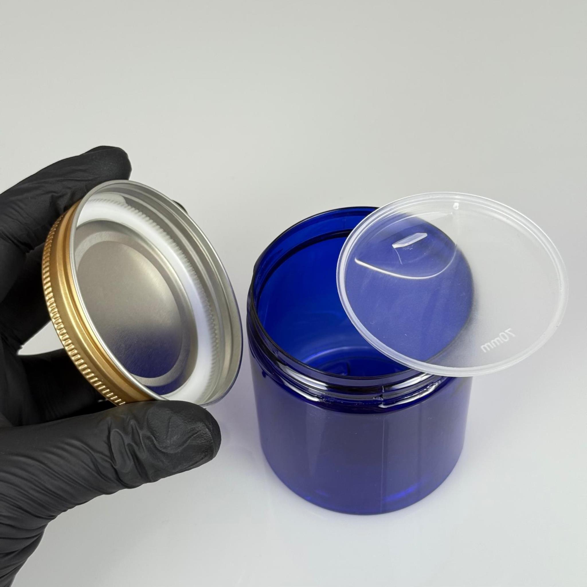 250 ML SERT PET KAVANOZ + GOLD METAL KAPAK + İÇ TIPA - 250 CC KALIN MAVİ PLASTİK KAVANOZ GOLD METAL KAPAKLI İÇ TIPALI TAKIM - KREM KAVANOZLARI