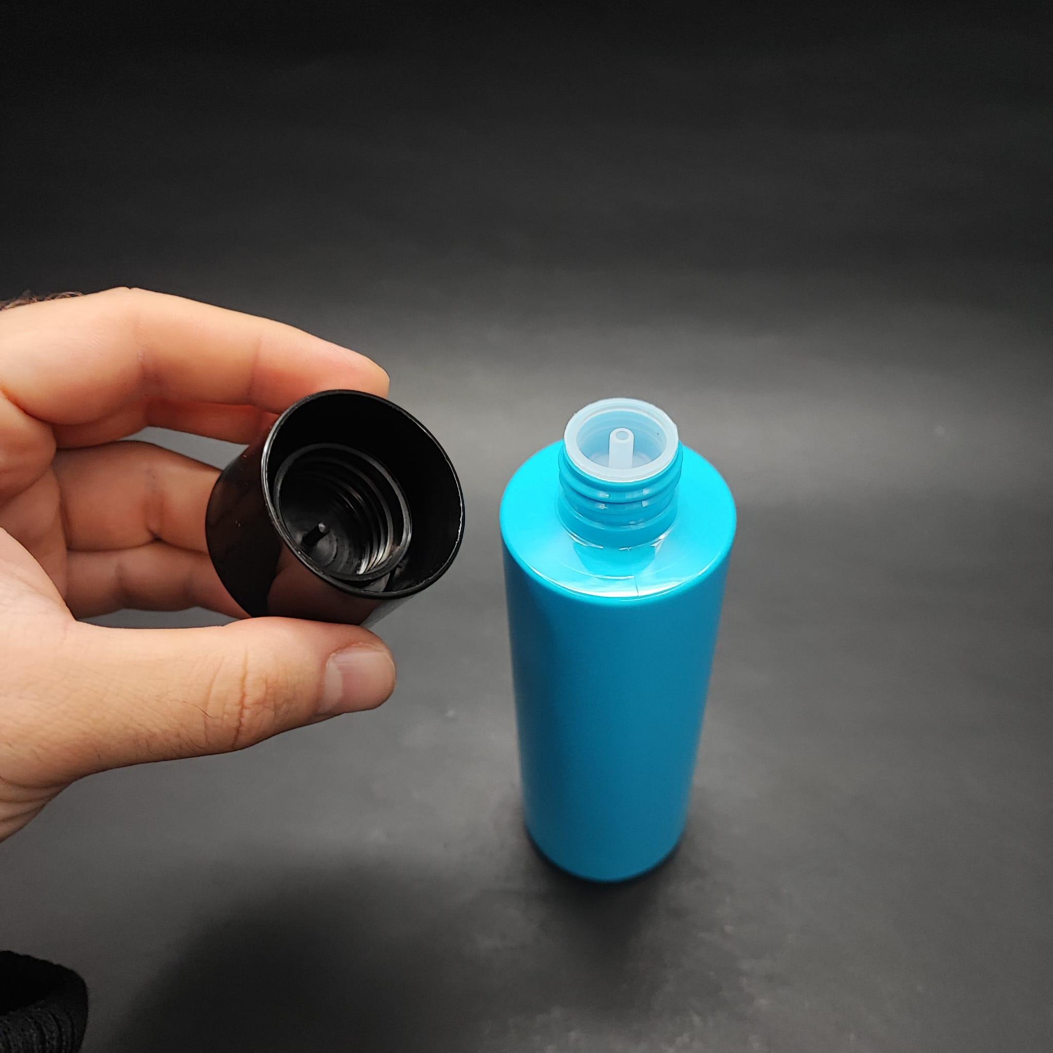 200 CC KÜT BOYUNLU UZUN SİLİNDİR PET ŞİŞE (24 GR) - SİYAH KOLONYA LOSYON KAPAK + TIPA - 200 ML PLASTİK ŞİŞE - MAVİ