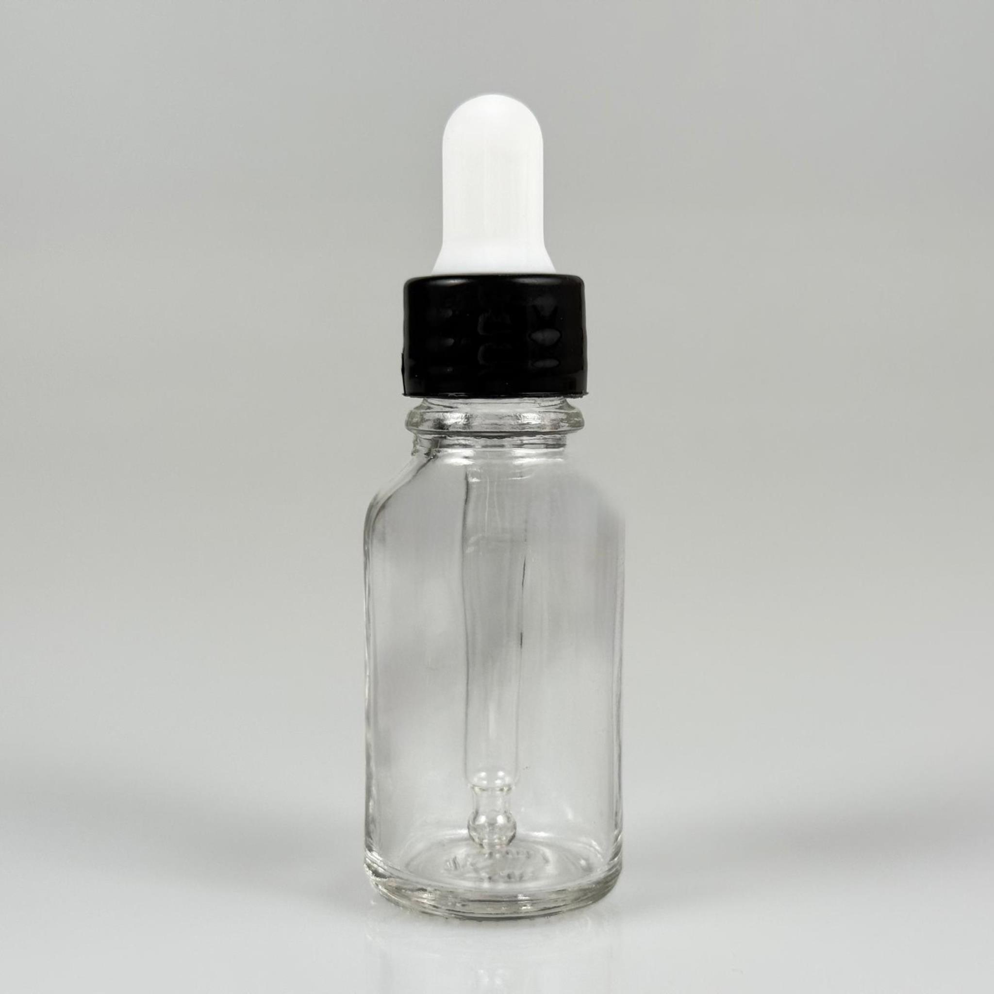 15 CC ŞEFFAF CAM DAMLALIKLI ŞİŞE - BEYAZ EMZİK + SİYAH DÜZ KAPAK + CAM PİPET TAKIM - 15 ML DAMLALIKLI ŞİŞE SETİ