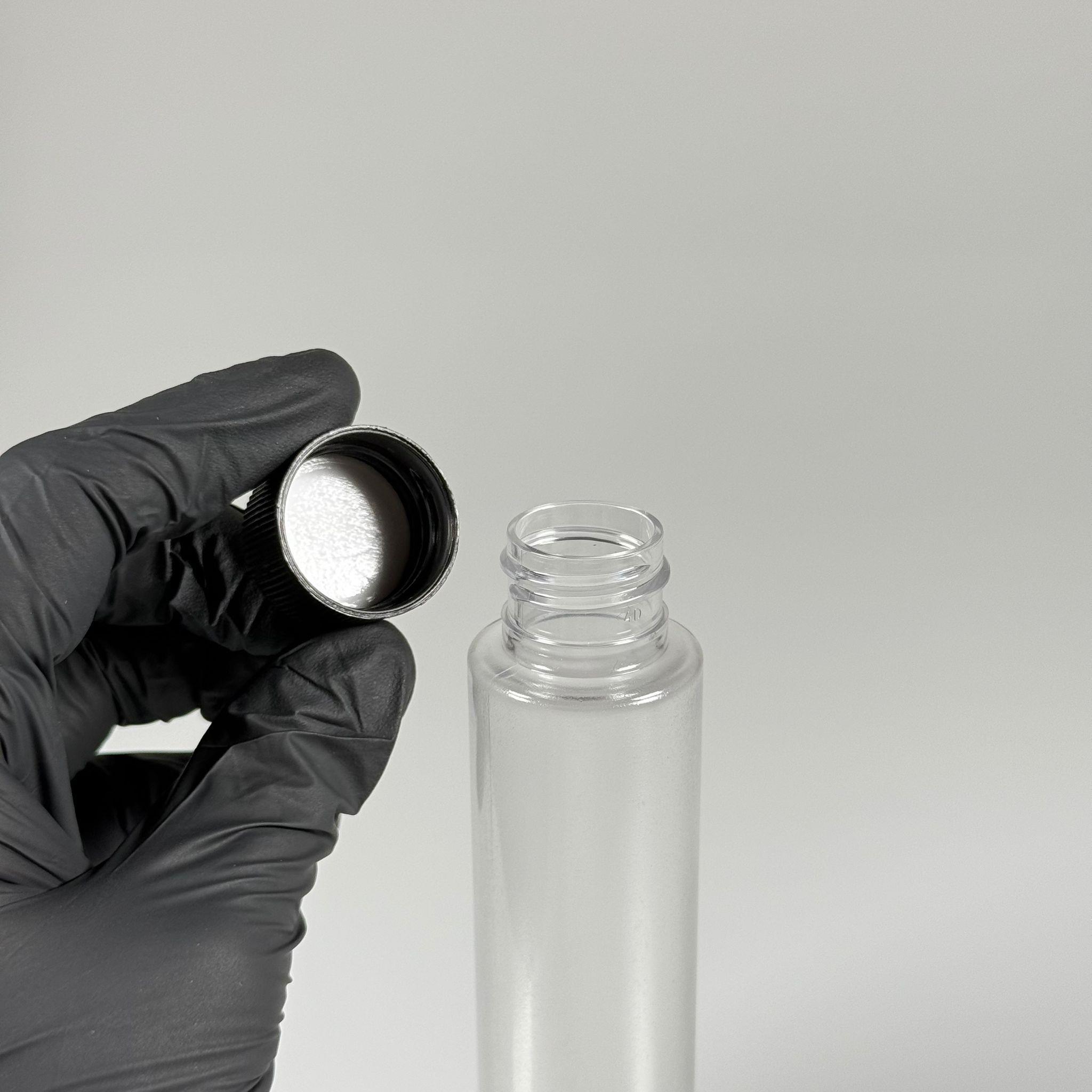 100 CC UZUN SİLİNDİR BUĞULU PET ŞİŞE (24 GR)  - CONTALI SİYAH KAPAKLI - 100 ML BİBERİYE SUYU, LAVANTA YAĞI, SAÇ SERUM, TONİK VB İÇİN PLASTİK KOZMETİK AMBALAJLARI