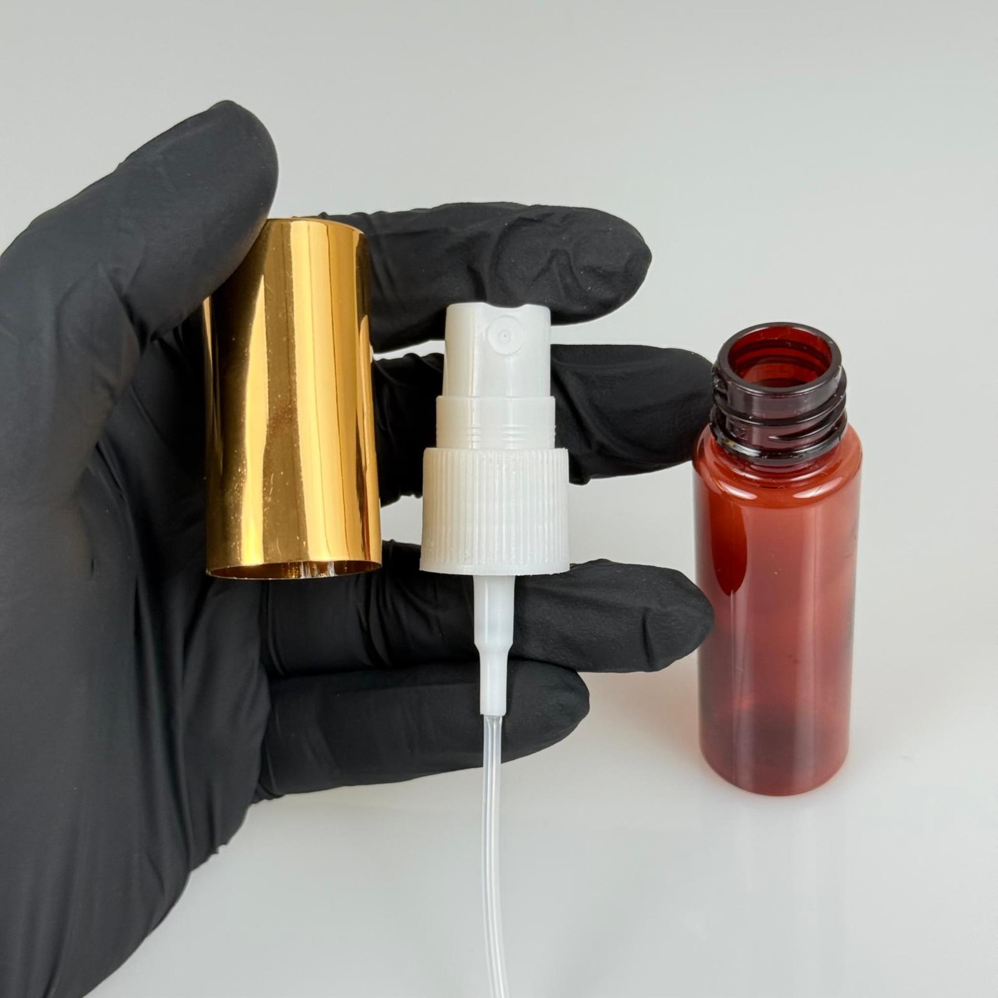 20 ML PET KOLONYA, PARFÜM VB ŞİŞELERİ - METAL ALÜMİNYUM GOLD KAPAK + VİDALI SPREY + 20 CC AMBER SHOT ŞİŞE SET TAKIM