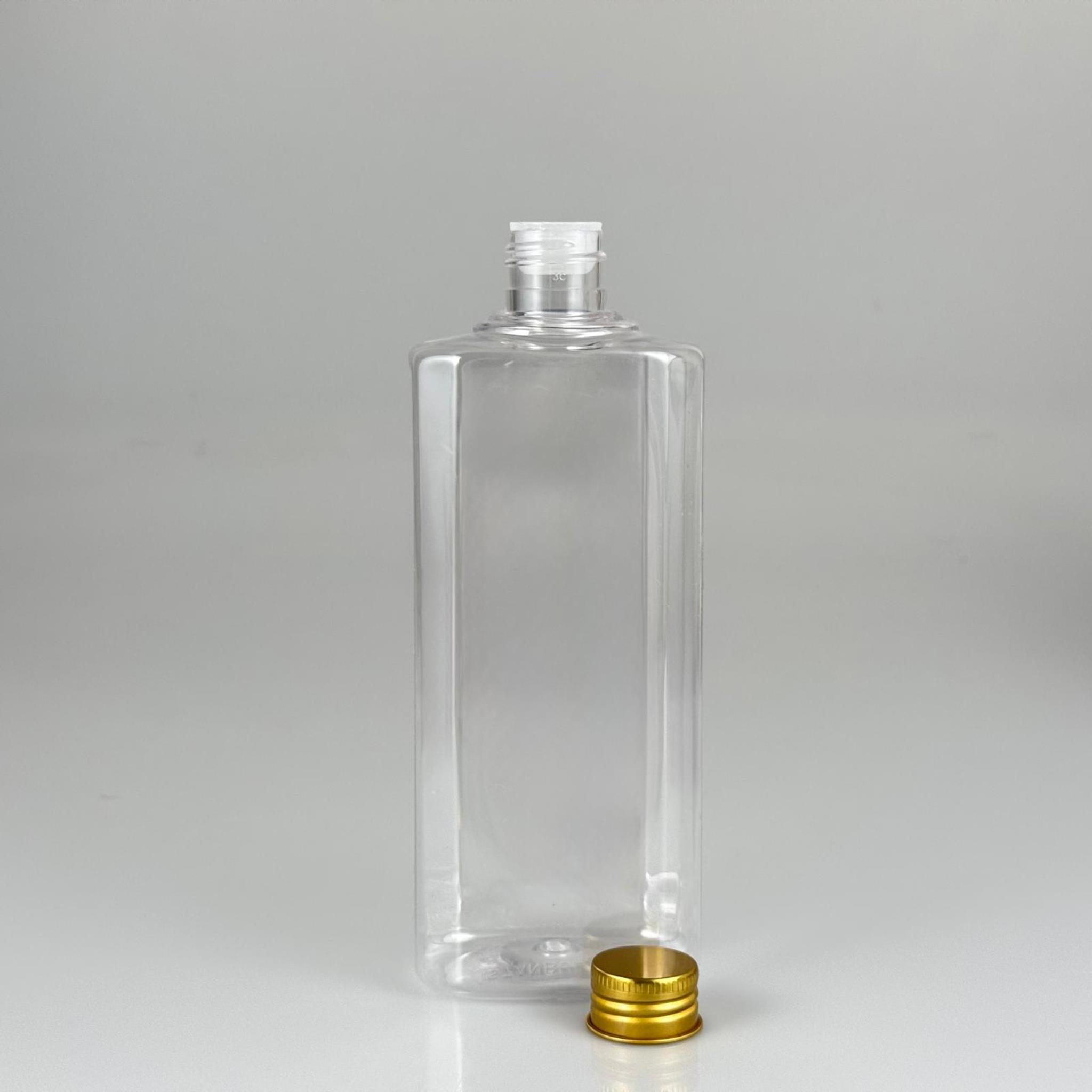 400 CC YASSI MODEL ŞEFFAF PET ŞİŞE (24 AĞIZ) + KÖPÜK CONTALI GOLD METAL ALÜMİNYUM KAPAKLI + KOLONYA TIPALI TAKIM - 400 ML KAPAKLI PLASTİK ŞİŞELER