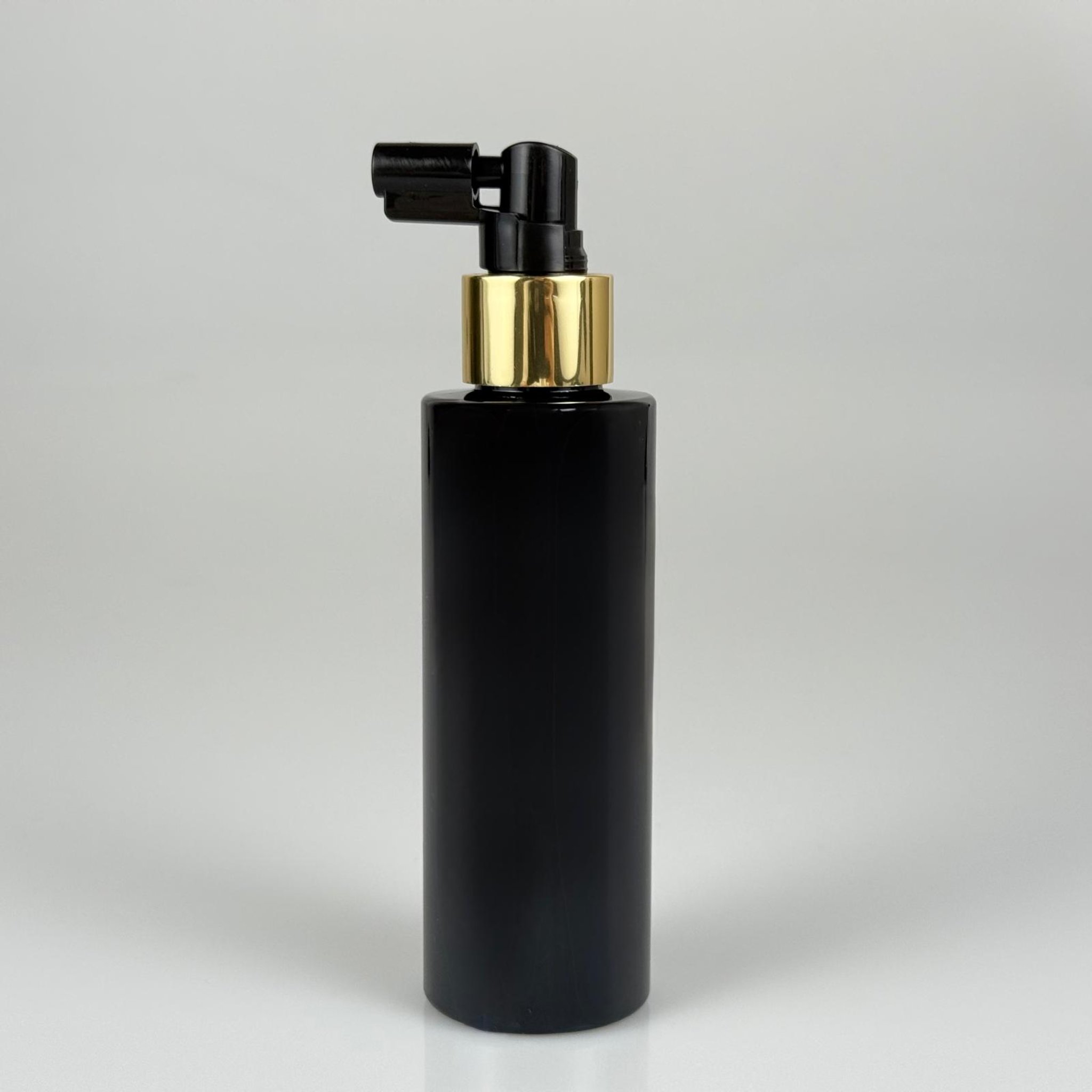 150 CC SİYAH SİLİNDİR MODEL PARLAK SERT PET ŞİŞE  + SİYAH GAGALI GOLD SPREYLİ TAKIM - 150 ML SPREYLİ SİYAH PLASTİK ŞİŞE
