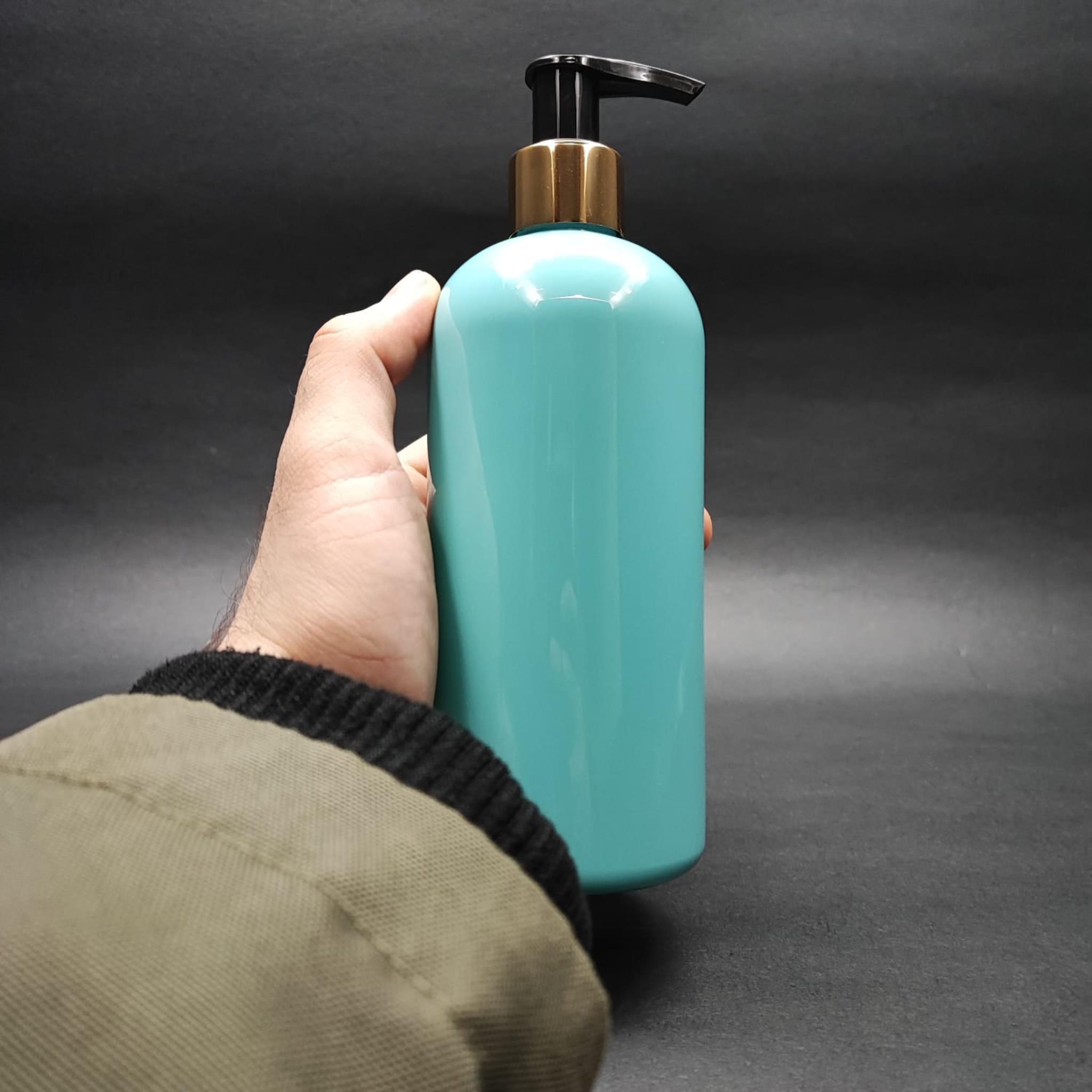 400 CC OVAL BOYUNLU SİLİNDİR PET ŞİŞE (30 GR) - GOLD POMPALI - 400 ML PLASTİK ŞİŞE - TURKUAZ