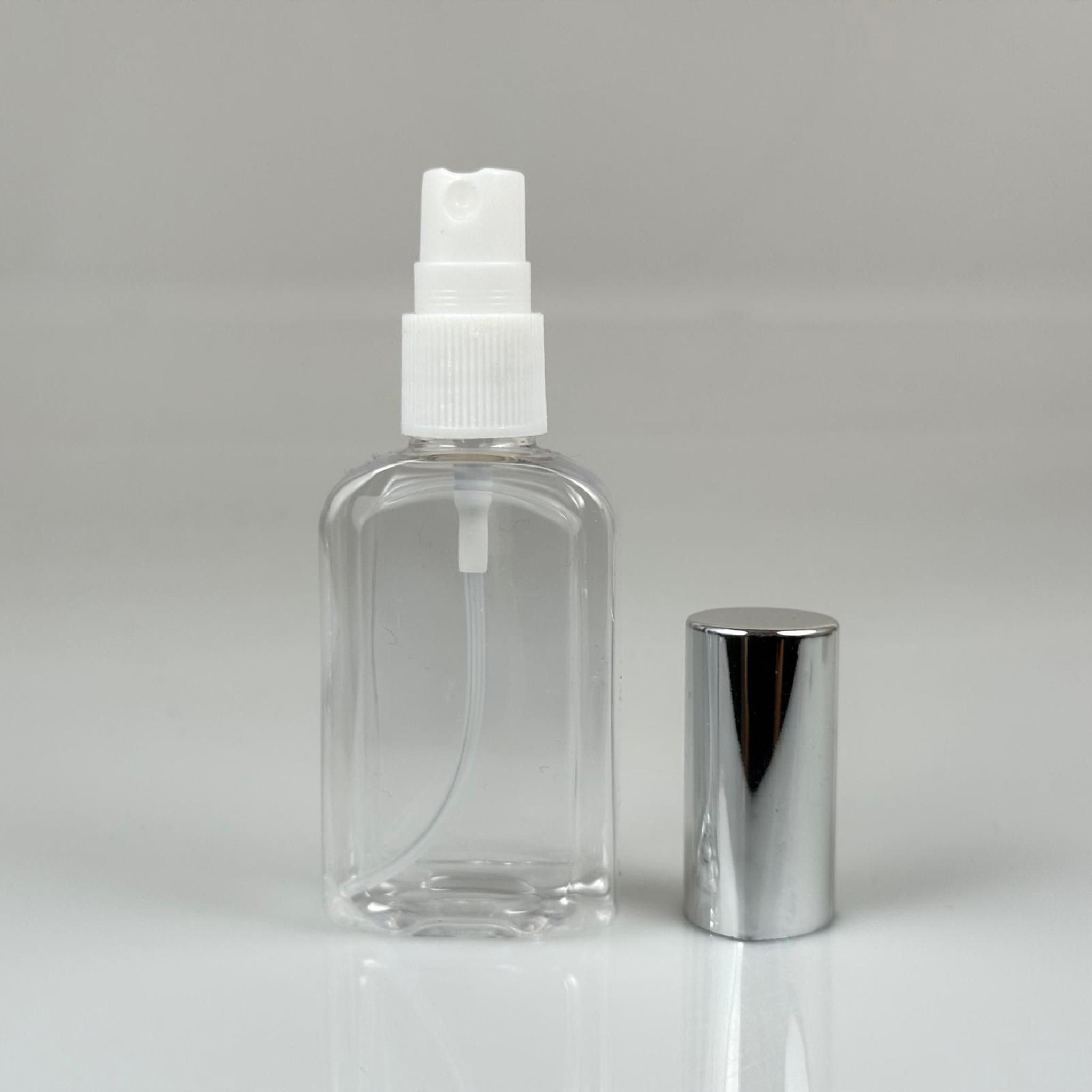 50 ML PET KOLONYA, PARFÜM VB ŞİŞELERİ - METAL ALÜMİNYUM GÜMÜŞ KAPAK + VİDALI SPREY + 50 CC KÖŞELİ YASSI ŞİŞE SET TAKIM