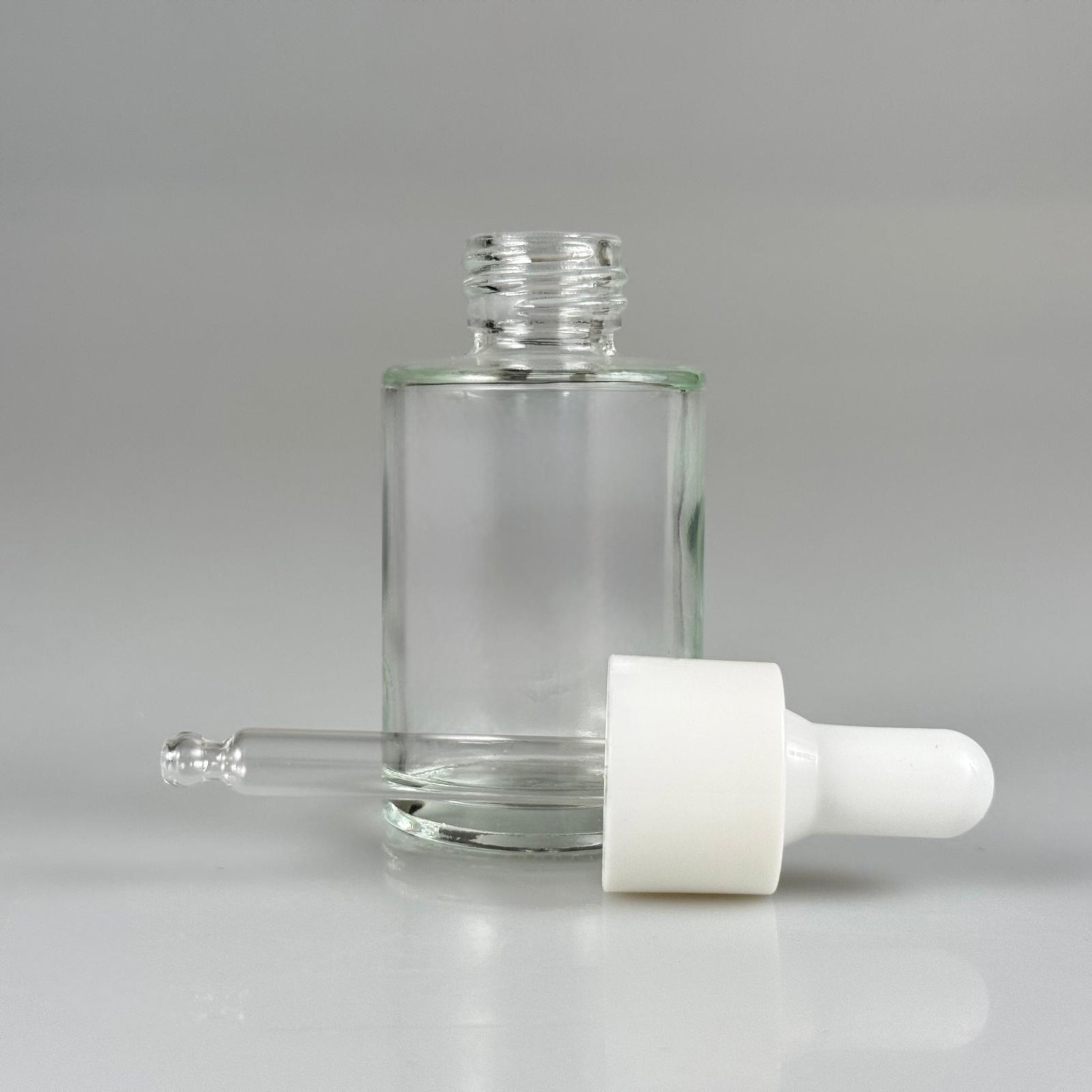 30 CC OMUZLU ŞEFFAF CAM ŞİŞE + BEYAZ CAM DAMLALIKLI TAKIM - 30 ML KÜT BOYUNLU CAM SERUM ŞİŞESİ