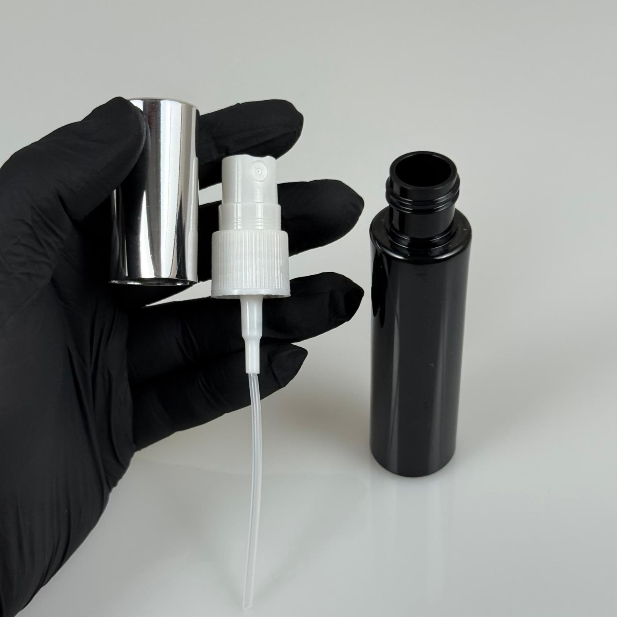 35 ML PET KOLONYA, PARFÜM VB ŞİŞELERİ - METAL ALÜMİNYUM GÜMÜŞ KAPAK + VİDALI SPREY + 35 CC SİYAH ŞİŞE SET TAKIM