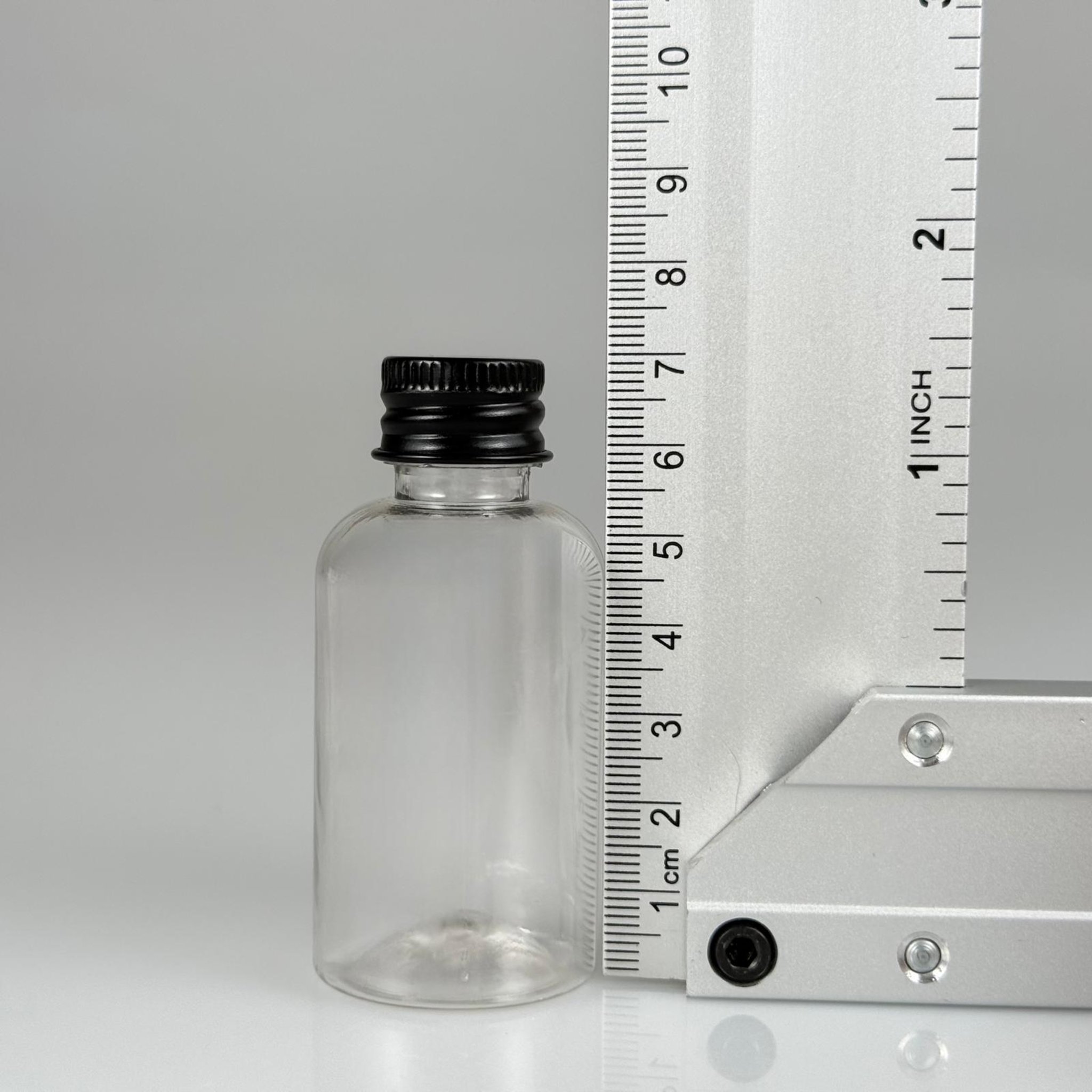 40 CC ŞEFFAF SİLİNDİR TOMBUL PET ŞİŞE + KÖPÜK CONTALI SİYAH ALÜMİNYUM METAL KAPAKLI TAKIM - 40 ML PLASTİK ŞİŞE