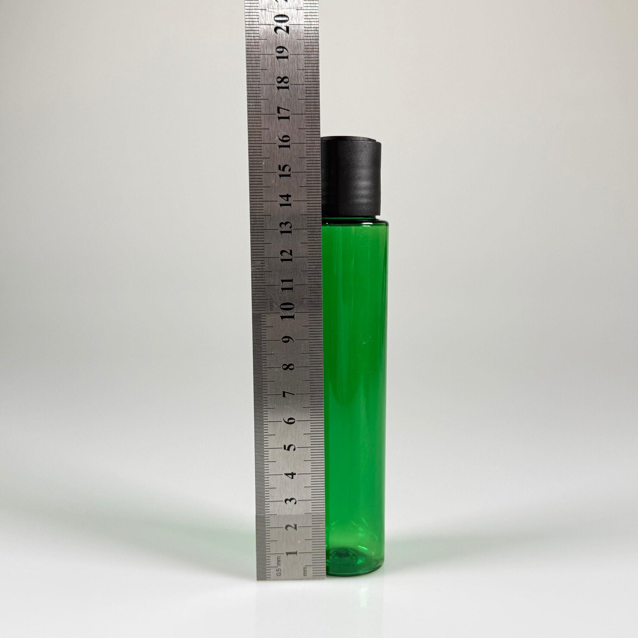 100 CC UZUN SİLİNDİR YEŞİL PET ŞİŞE (24 GR) - SİYAH DİSKTOP AKITICI ŞAMPUAN KAPAKLI - 100 ML BİBERİYE SUYU, LAVANTA YAĞI, SAÇ SERUM, TONİK VB İÇİN PLASTİK KOZMETİK AMBALAJLARI
