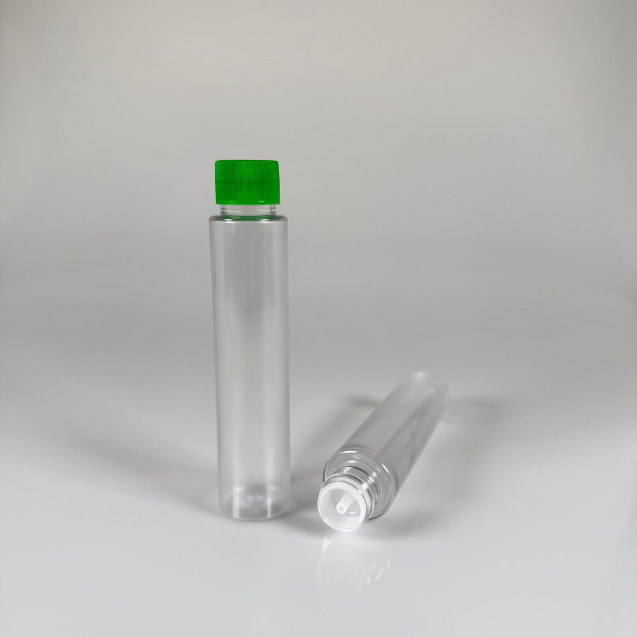 100 CC UZUN SİLİNDİR BUĞULU PET ŞİŞE (24 GR)  - YEŞİL KAPAKLI KOLONYA TIPALI - 100 ML BİBERİYE SUYU, LAVANTA YAĞI, SAÇ SERUM, TONİK VB İÇİN PLASTİK KOZMETİK AMBALAJLARI