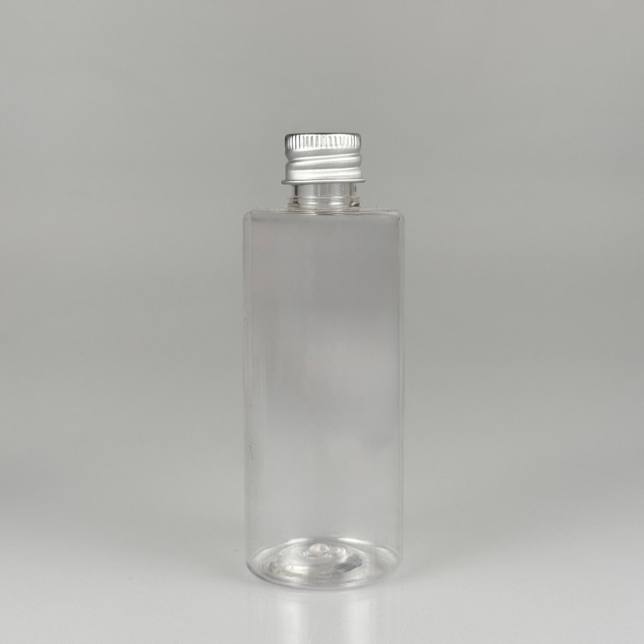 100 CC ŞEFFAF SİLİNDİR MODEL PET ŞİŞE + KÖPÜK CONTALI GÜMÜŞ ALÜMİNYUM METAL KAPAKLI TAKIM - 100 ML PLASTİK ŞİŞE