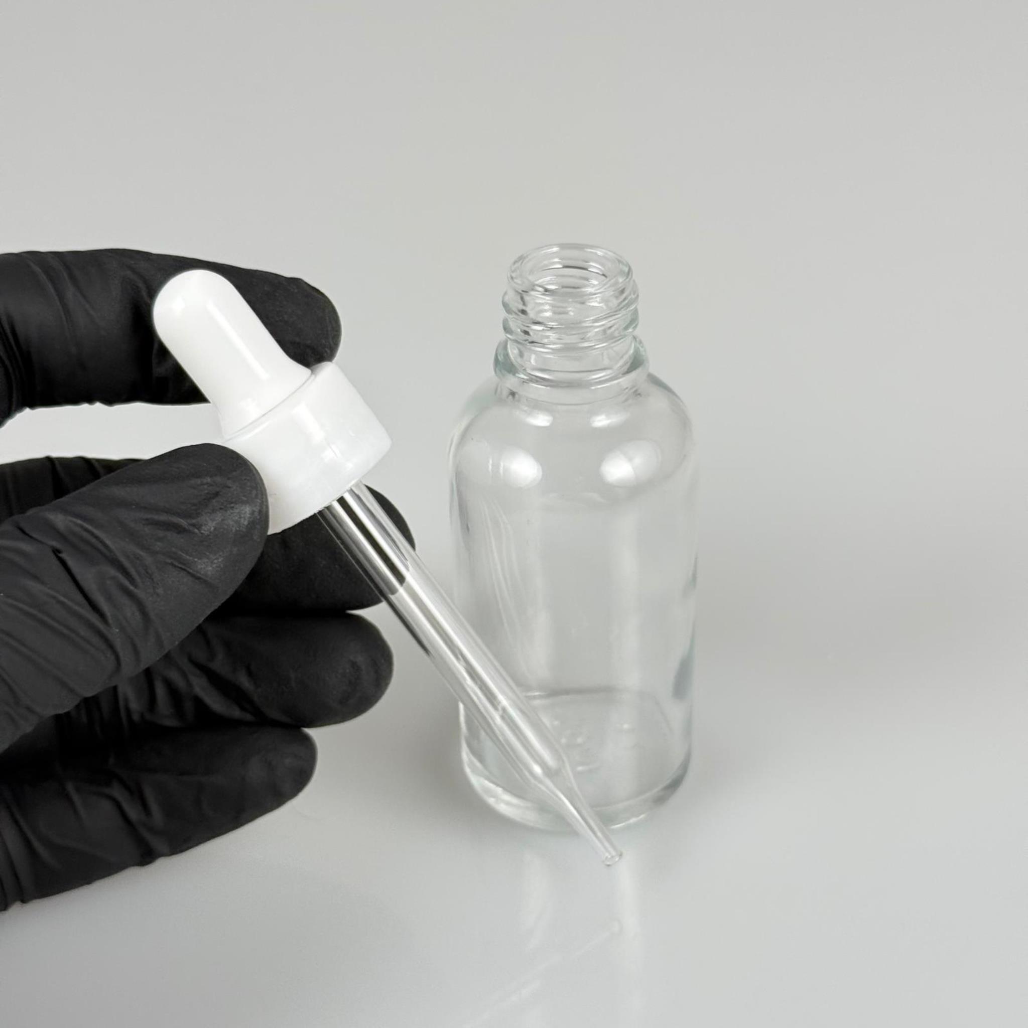 30 CC ŞEFFAF İNCE UÇLU CAM DAMLALIKLI ŞİŞE - BEYAZ EMZİK + BEYAZ DÜZ KAPAK + CAM PİPET TAKIM - 30 ML ŞEFFAF DAMLALIKLI ŞİŞE SETİ