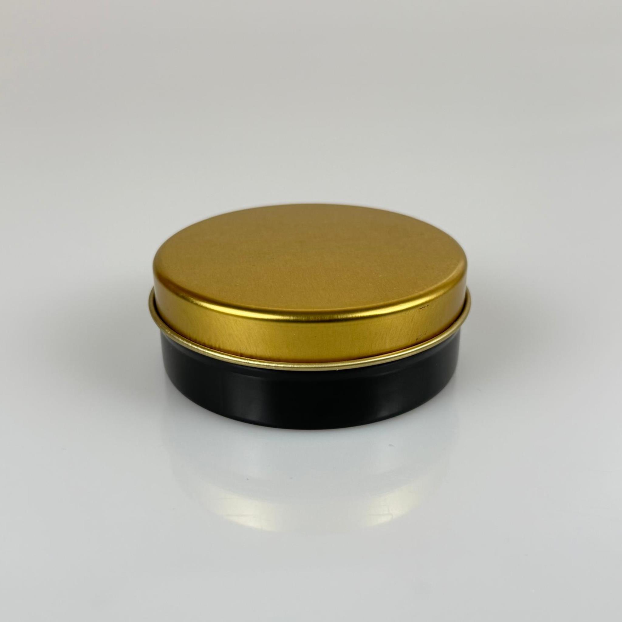 100 CC TENEKE KUTU - SİYAH - GOLD KAPAKLI - METAL AMBALAJ - MUM TENEKESİ 77 X 28 MM