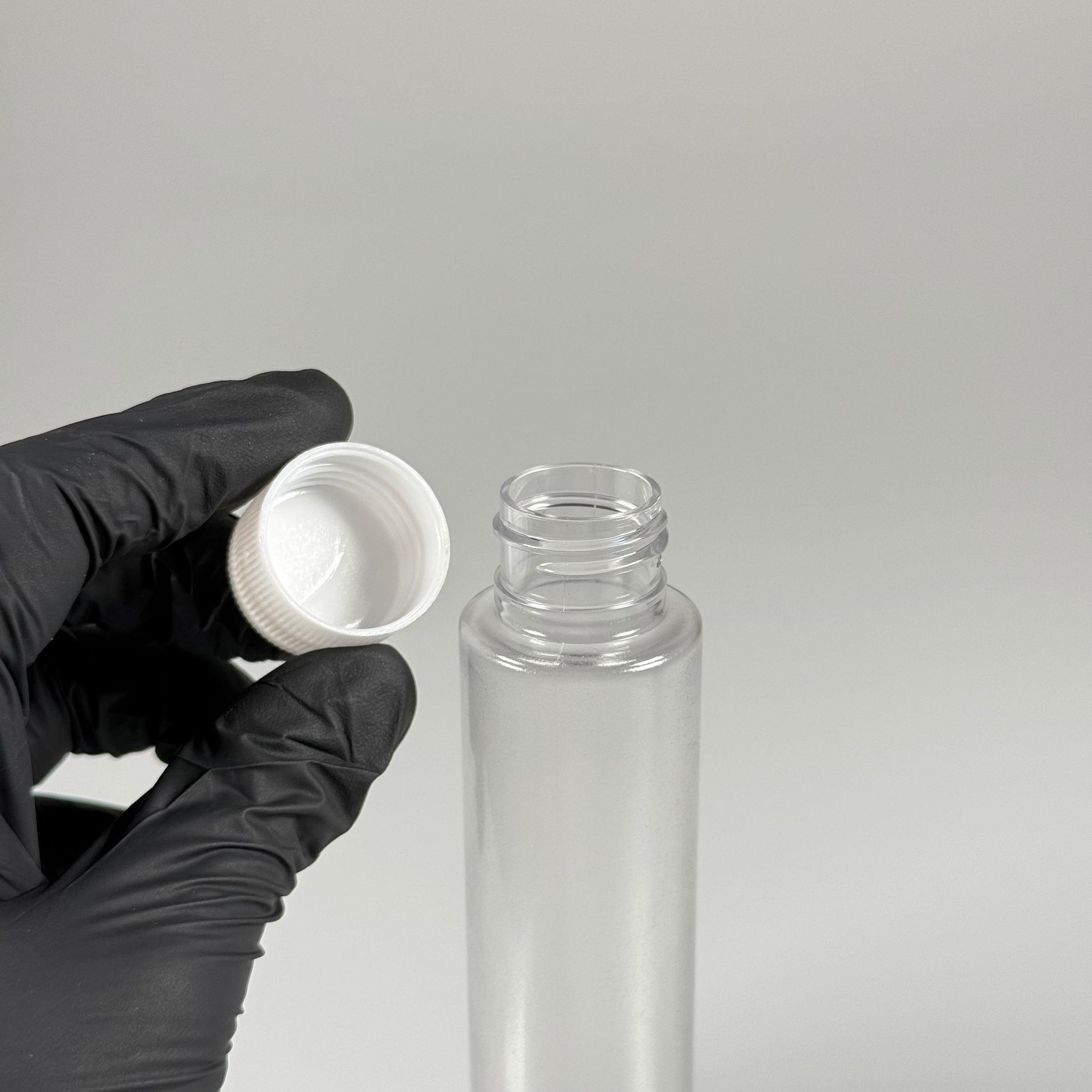 100 CC UZUN SİLİNDİR BUĞULU PET ŞİŞE (24 GR)  - CONTALI BEYAZ KAPAKLI - 100 ML BİBERİYE SUYU, LAVANTA YAĞI, SAÇ SERUM, TONİK VB İÇİN PLASTİK KOZMETİK AMBALAJLARI