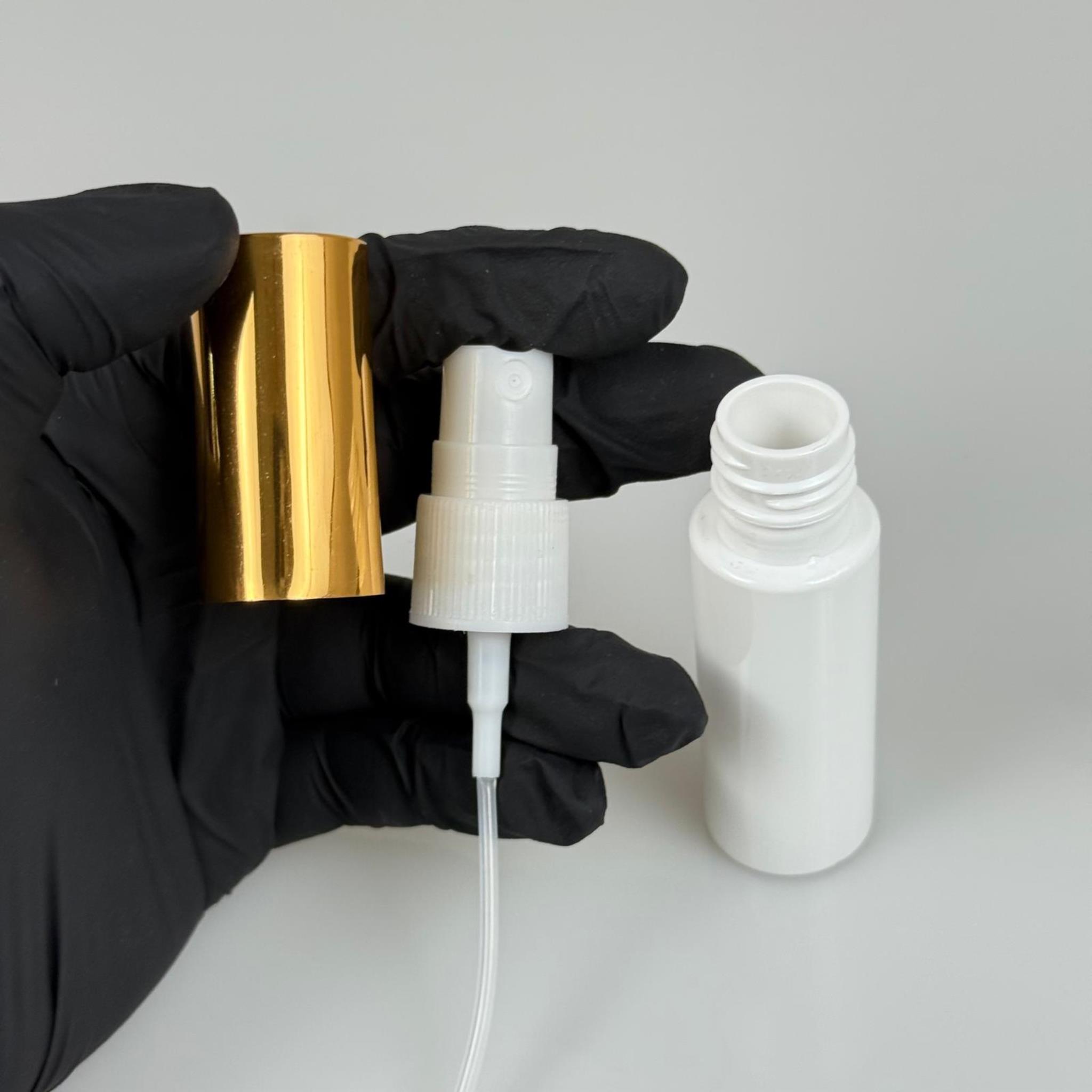 20 ML PET KOLONYA, PARFÜM VB ŞİŞELERİ - METAL ALÜMİNYUM GOLD KAPAK + VİDALI SPREY + 20 CC BEYAZ UZUN MODEL ŞİŞE SET TAKIM