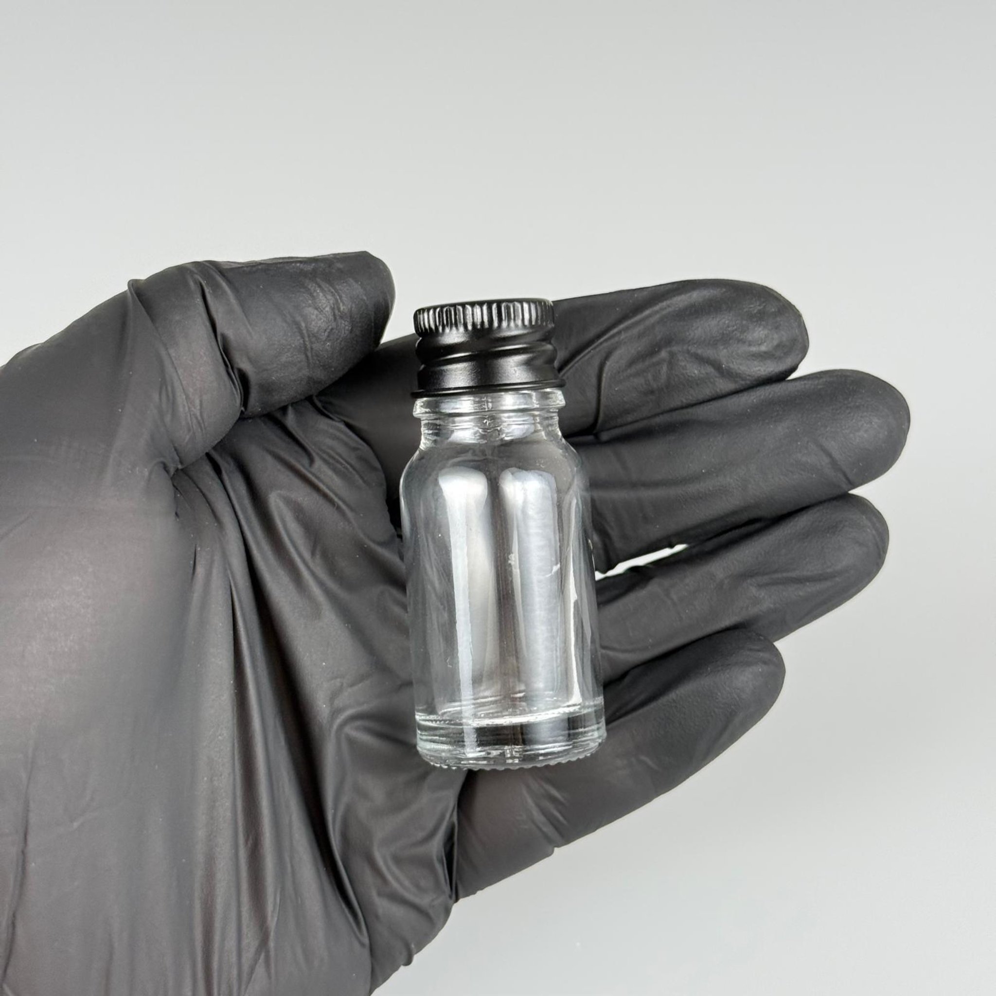 10 CC ŞEFFAF CAM ŞİŞE + KÖPÜK CONTALI SİYAH ALÜMİNYUM METAL KAPAKLI TAKIM - 10 ML ŞEFFAF CAM ŞİŞE
