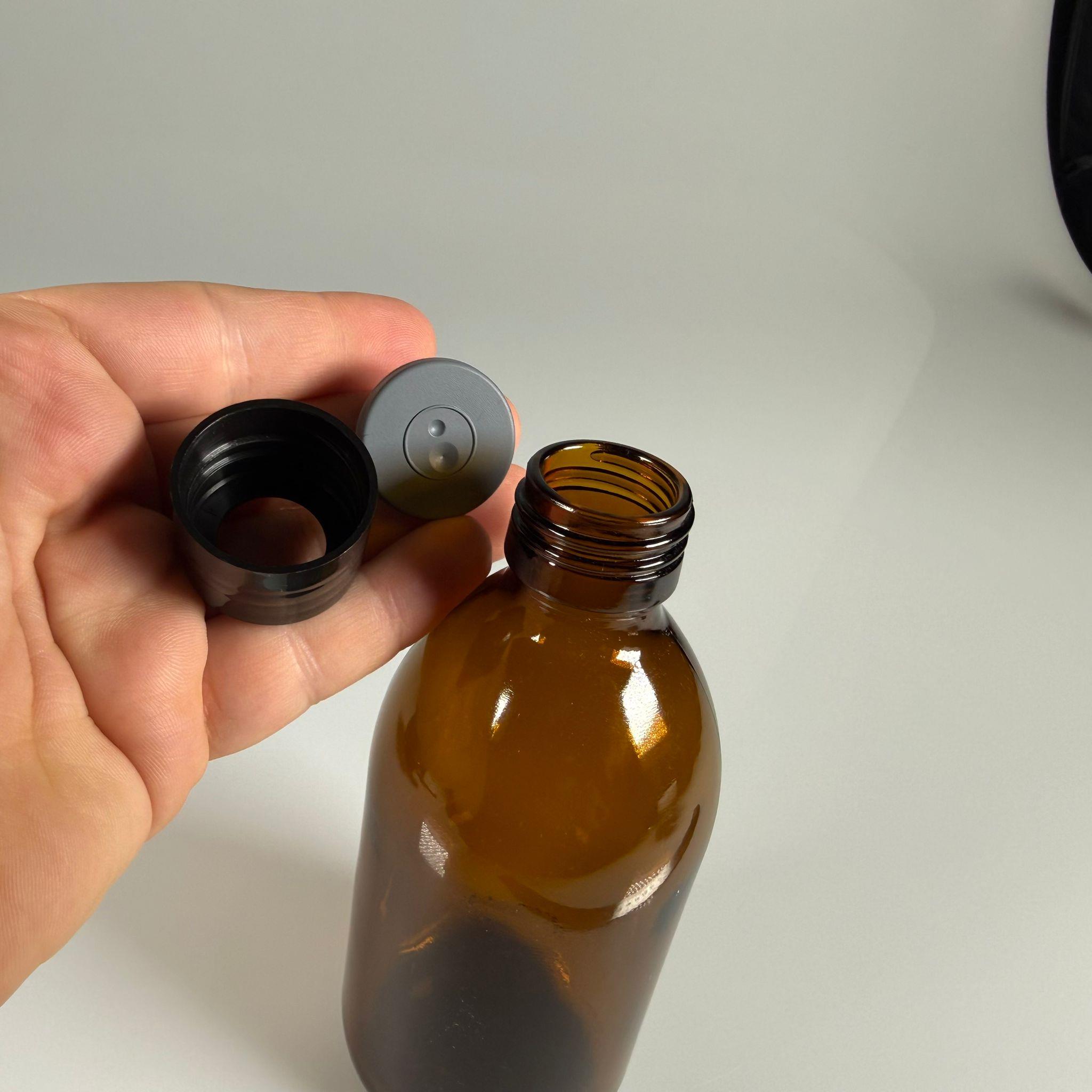 FLAKON ENJEKTÖR SERUM ŞİŞESİ - 250 ML ECZA CAM ŞİŞE + VİDALI DELİKLİ KAPAK (ELLE ÇEVİREREK KAPANIR) + KAUÇUK BUTİL TIPA TAKIM