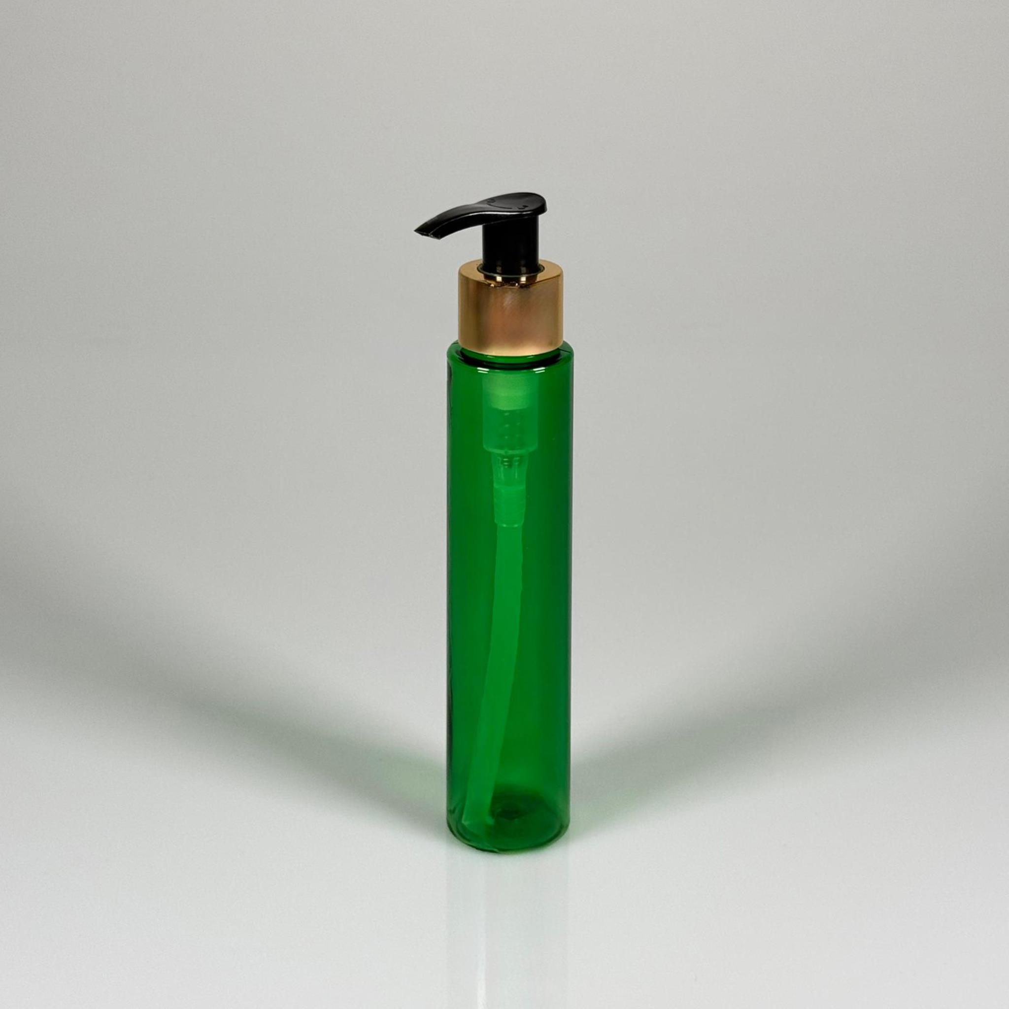 100 CC UZUN SİLİNDİR YEŞİL PET ŞİŞE (24 GR)  - GOLD SABUN POMPALI - 100 ML BİBERİYE SUYU, LAVANTA YAĞI, SAÇ SERUM, TONİK VB İÇİN PLASTİK KOZMETİK AMBALAJLARI