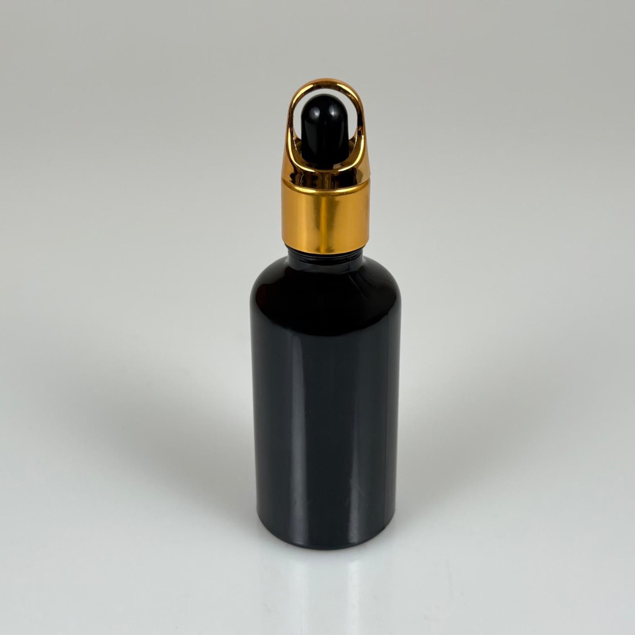 50 CC SİYAH CAM DAMLALIKLI ŞİŞE - SİYAH EMZİK - GOLD FLOWER SEPET MODEL METALİK KAPAK - 50 ML CAM DAMLALIKLI ŞİŞE