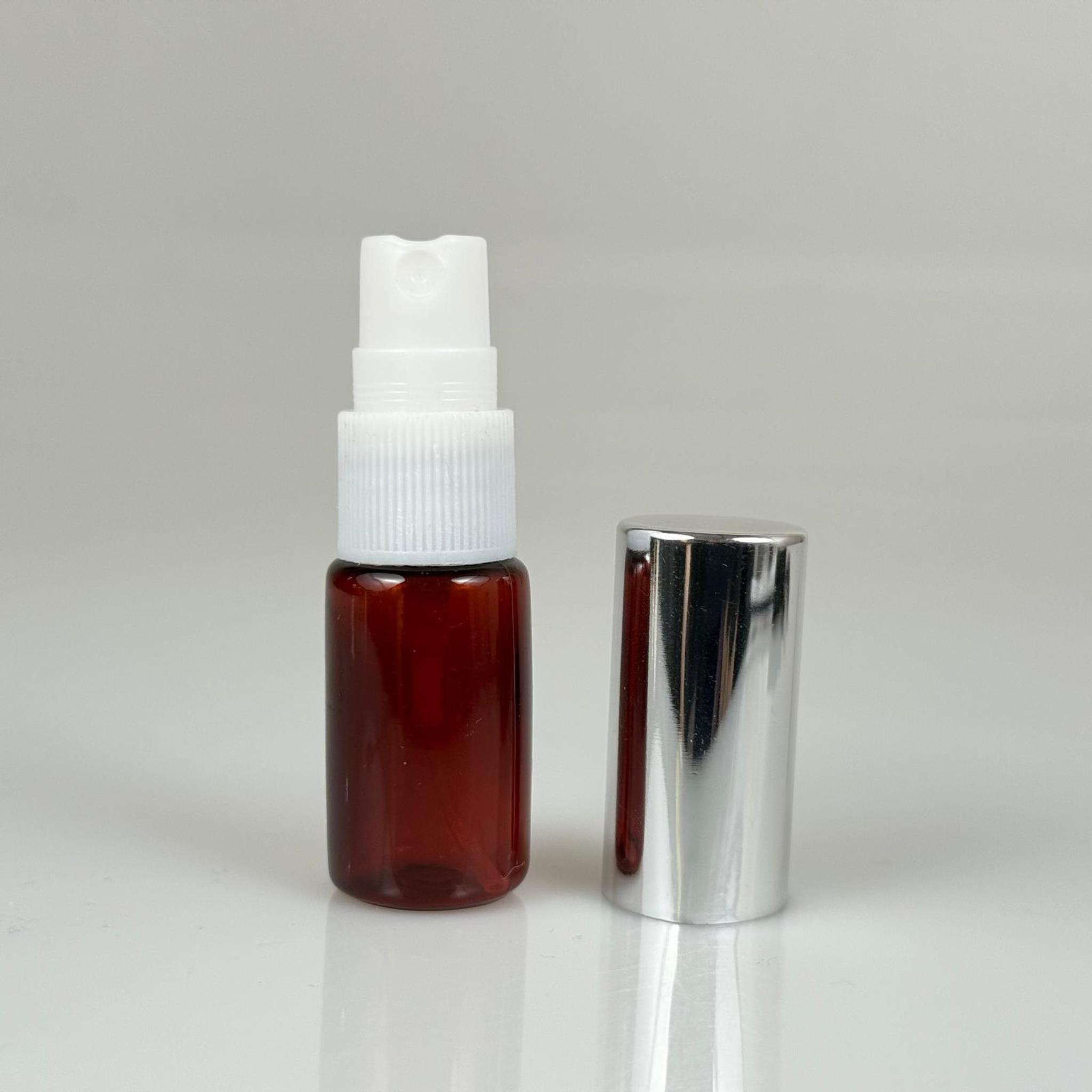 10 ML PET KOLONYA, PARFÜM VB ŞİŞELERİ - METAL ALÜMİNYUM GÜMÜŞ KAPAK + VİDALI SPREY + 10 CC AMBER SHOT ŞİŞE SET TAKIM