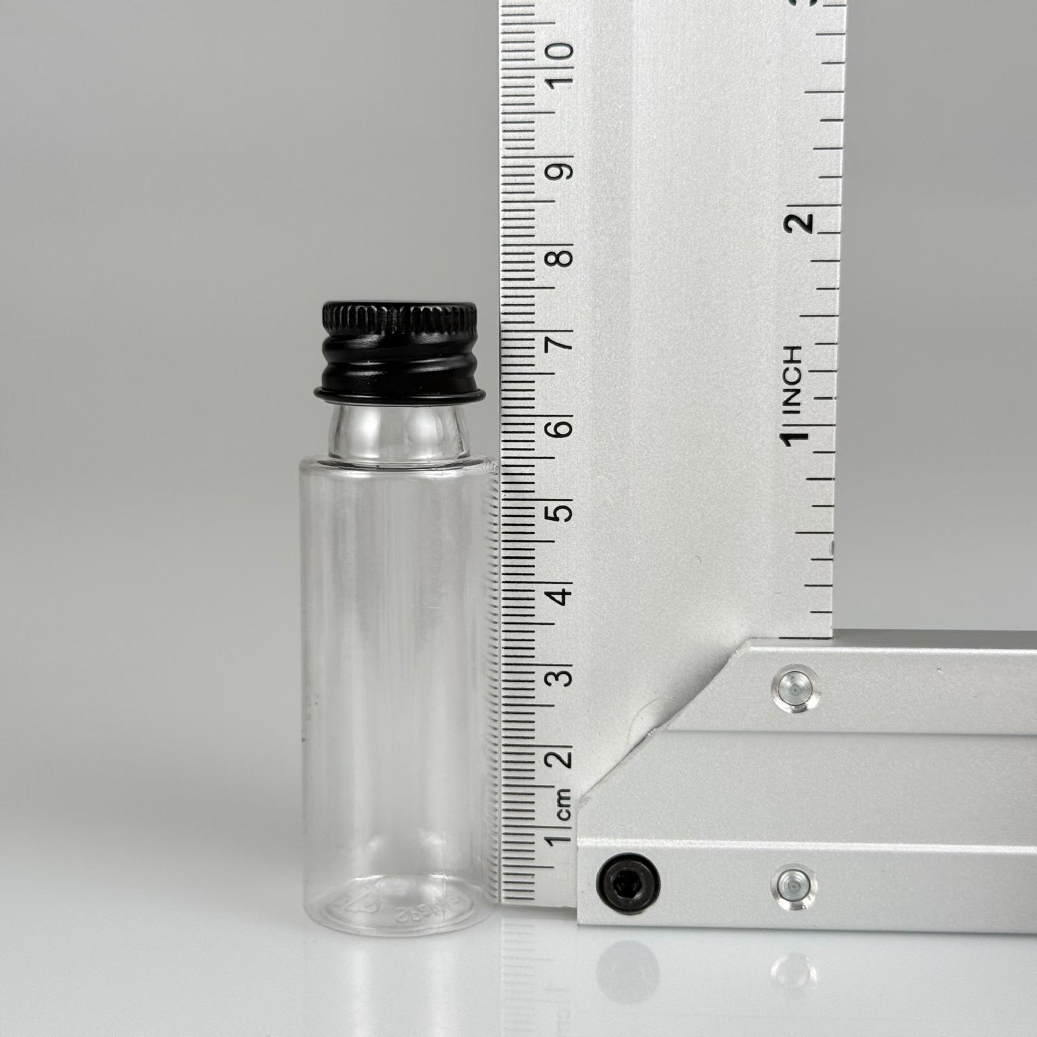 20 CC ŞEFFAF PET ŞİŞE + KÖPÜK CONTALI SİYAH ALÜMİNYUM METAL KAPAKLI TAKIM - 20 ML PLASTİK ŞİŞE