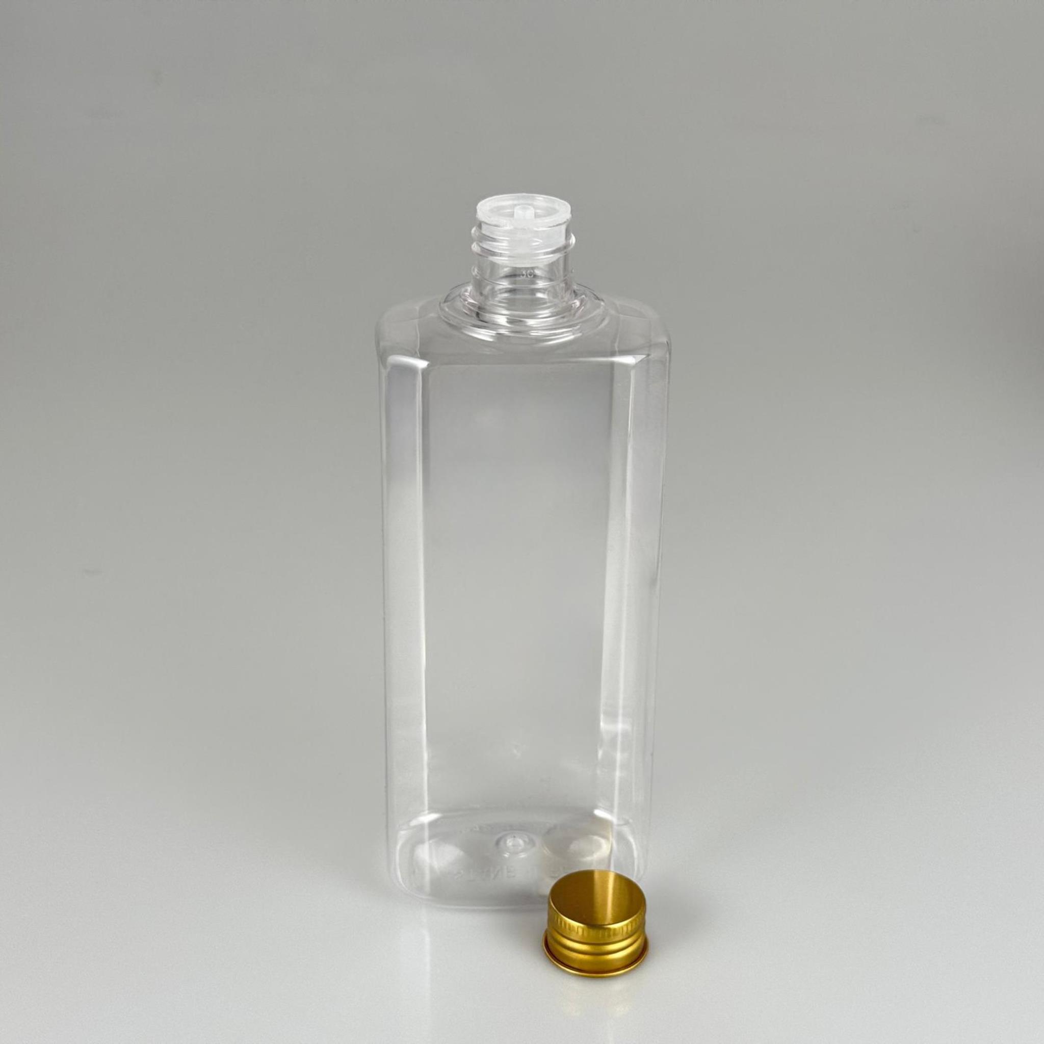 400 CC YASSI MODEL ŞEFFAF PET ŞİŞE (24 AĞIZ) + KÖPÜK CONTALI GOLD METAL ALÜMİNYUM KAPAKLI + KOLONYA TIPALI TAKIM - 400 ML KAPAKLI PLASTİK ŞİŞELER