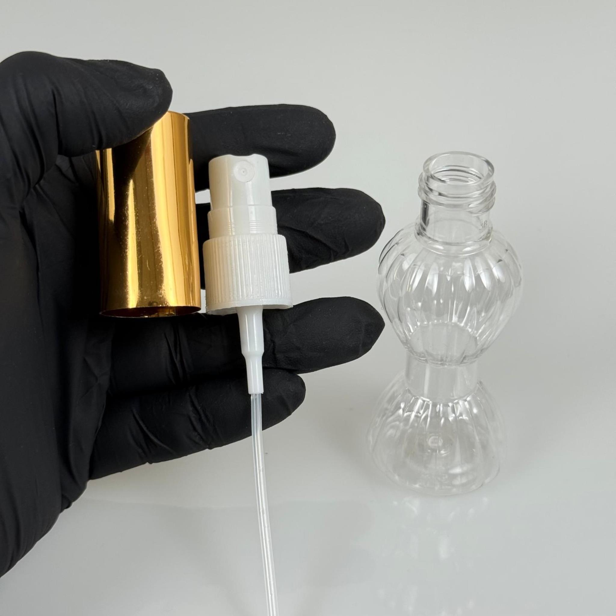 40 ML PET KOLONYA, PARFÜM VB ŞİŞELERİ - METAL ALÜMİNYUM GOLD KAPAK + VİDALI SPREY + 40 CC MİNİ PIRLANTA ŞİŞE SET TAKIM