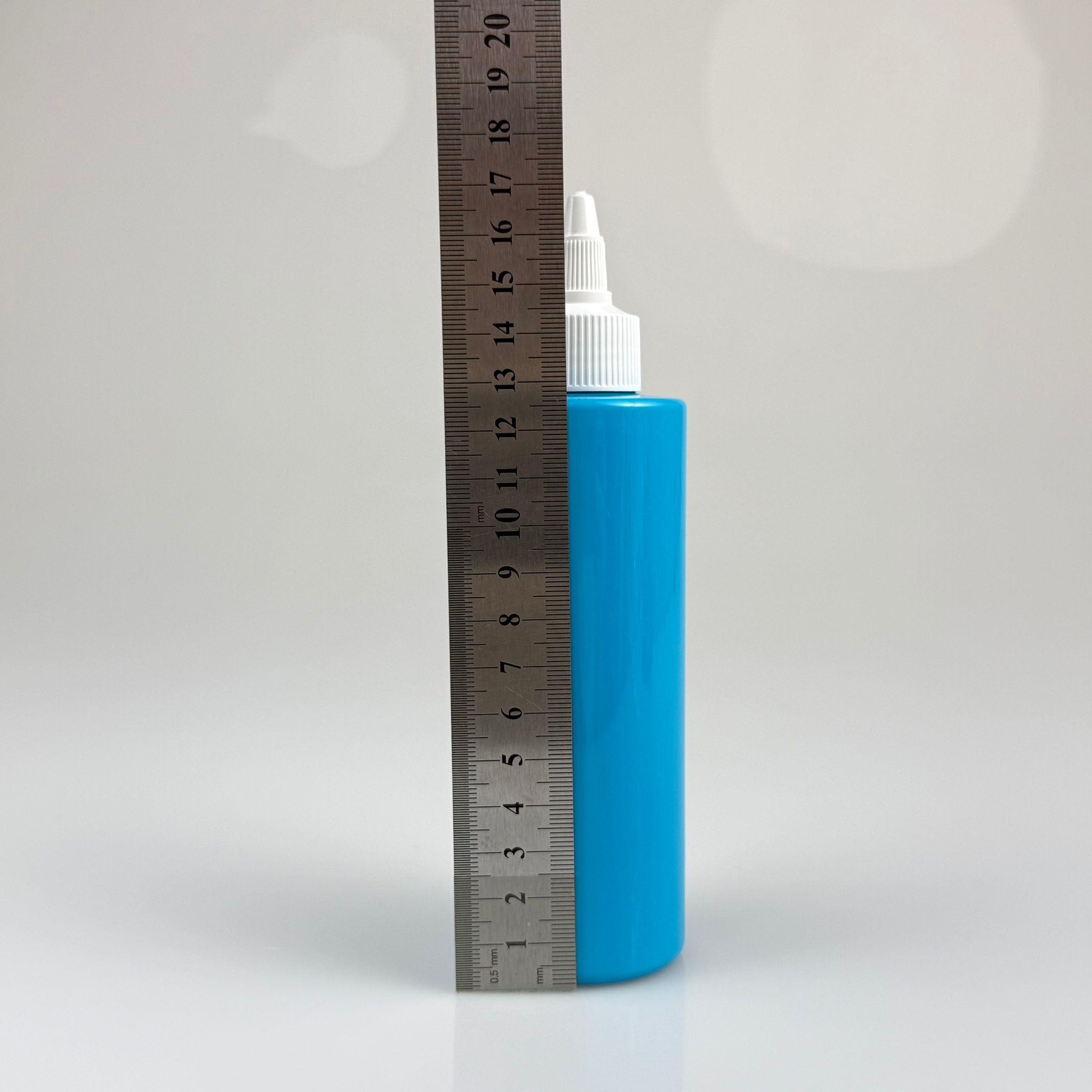 YAĞ, SOS, ACI SOS, SİRKE, SRIRACHA, MÜREKKEP, TUTKAL AKITICI VB BOŞ ŞİŞELERİ - BEYAZ SİVRİ TWİST AKITICI KAPAK + 200 ML MAVİ KÜT SERT PET PLASTİK ŞİŞE TAKIM