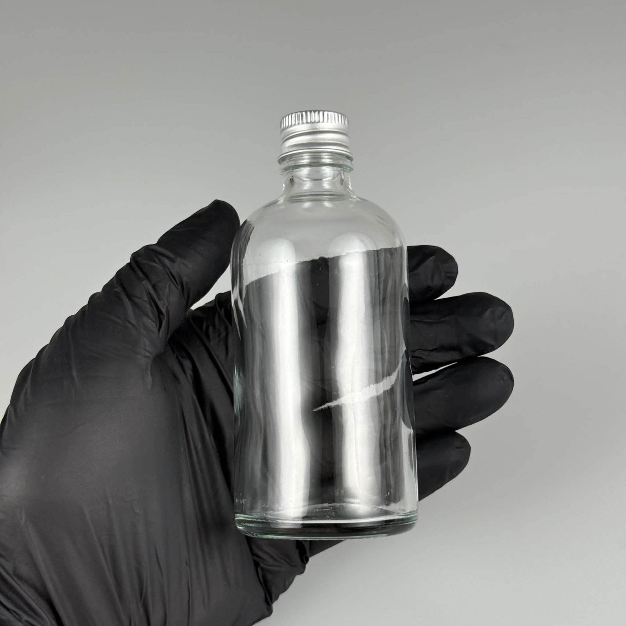 100 CC ŞEFFAF CAM ŞİŞE + KÖPÜK CONTALI GÜMÜŞ ALÜMİNYUM METAL KAPAKLI TAKIM - 100 ML ŞEFFAF CAM ŞİŞE