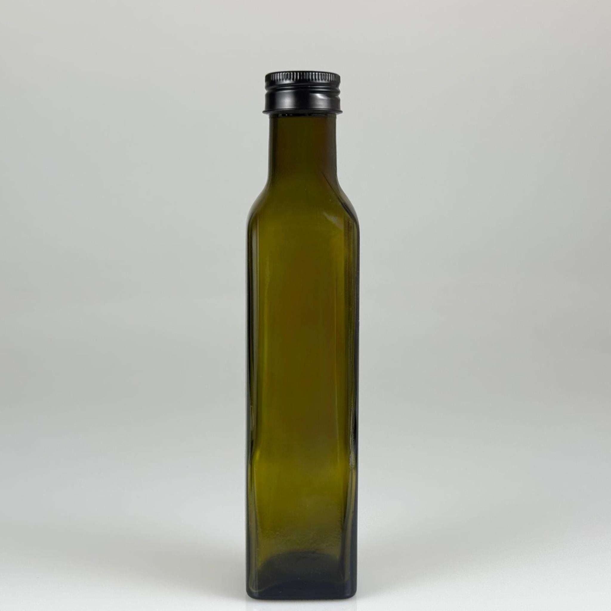 250 CC YEŞİL MARASKA CAM ŞİŞE - SİYAH METAL ALÜMİNYUM KAPAKLI - 250 ML KÖŞELİ YAĞ ŞİŞESİ - SİRKE ŞİŞESİ