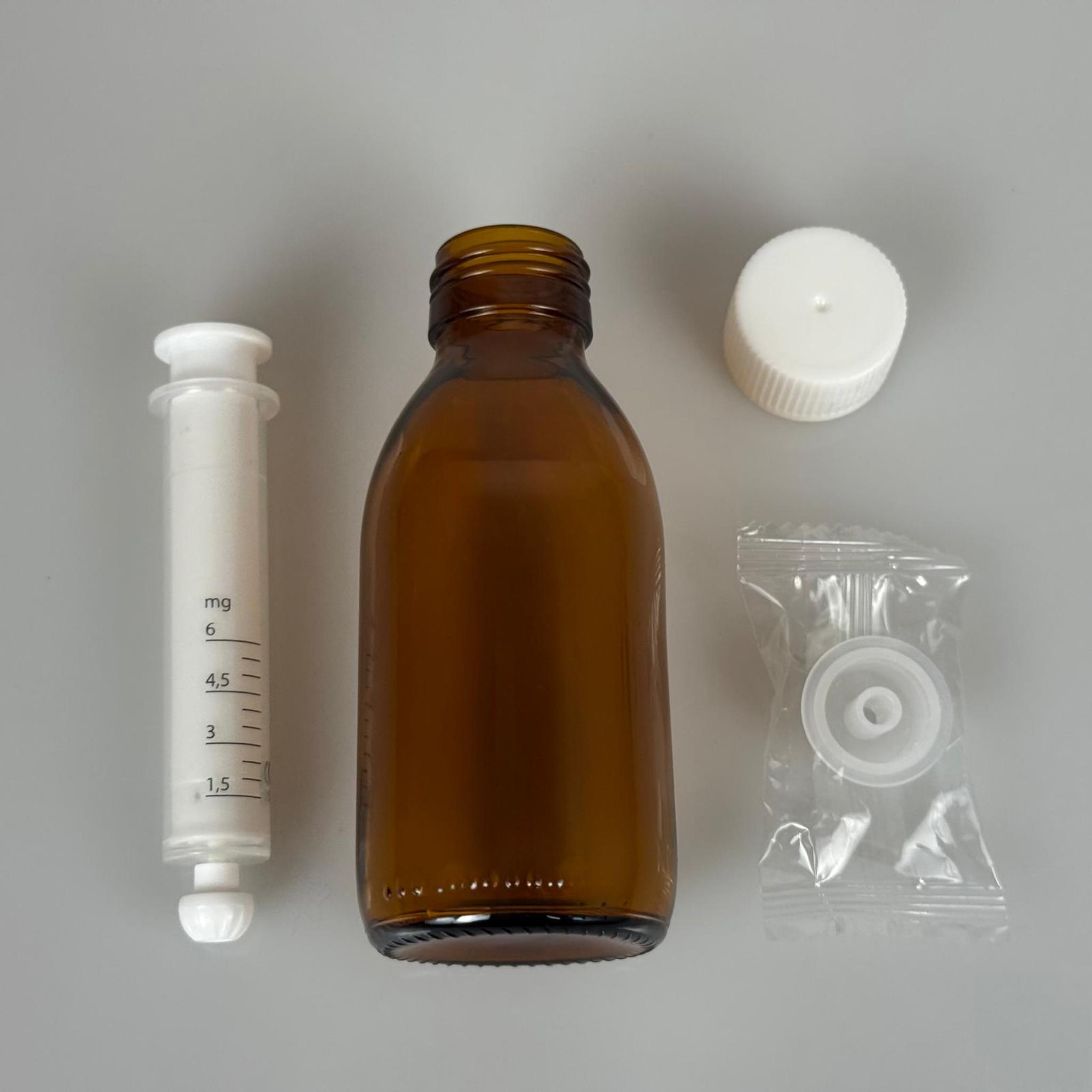 125 ML CAM ECZA ŞİŞESİ + 6 ML DOZAJ PİPETİ + DOZAJ TIPASI + CONTALI PLASTİK KAPAK TAKIM