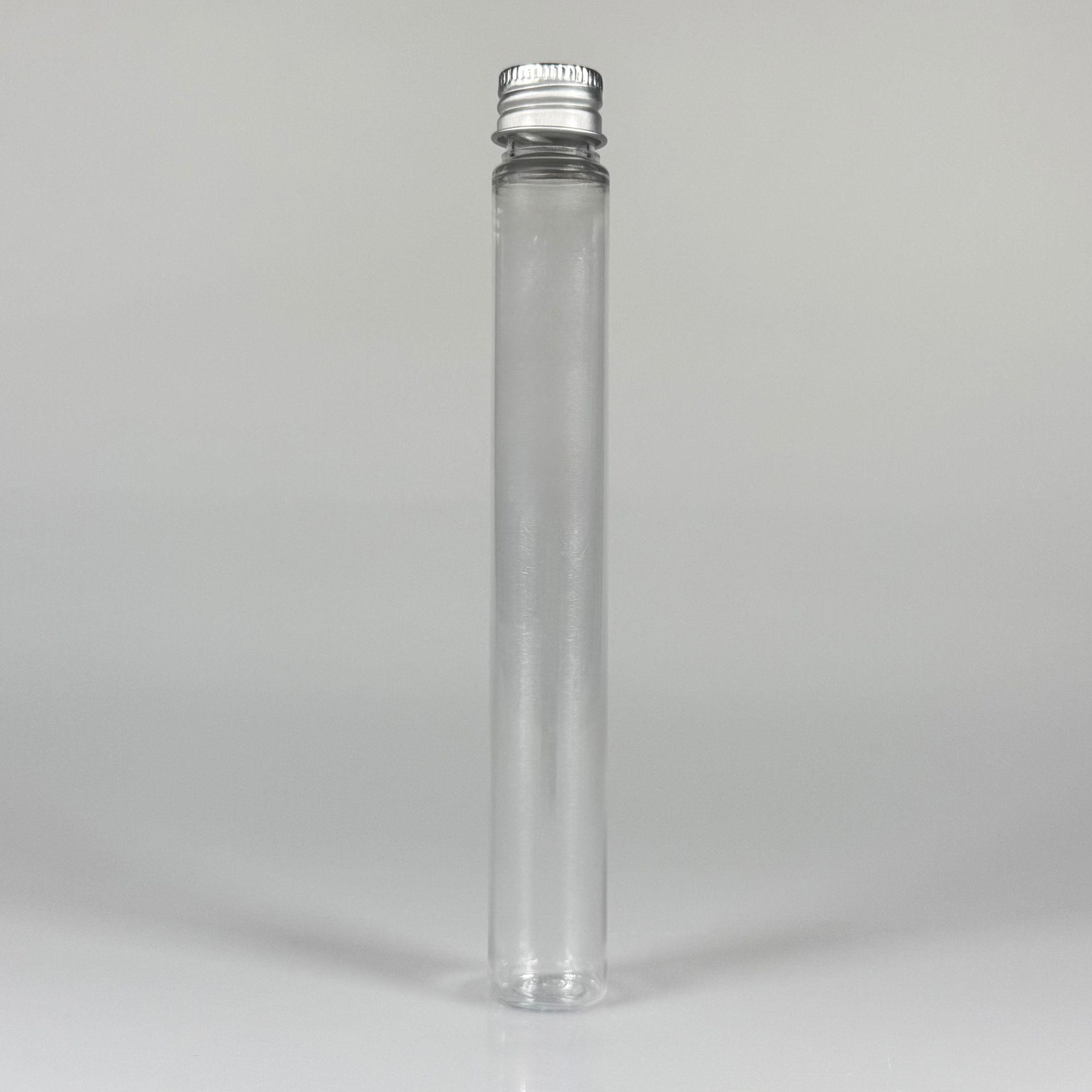 16 CM TÜP - 45 CC UZUN İNCE PET ŞİŞE - CONTALI GÜMÜŞ METAL KAPAKLI  - VANİLYA ÇUBUĞU, BAHARAT, DENEY TÜPÜ VB İÇİN PLASTİK TÜP