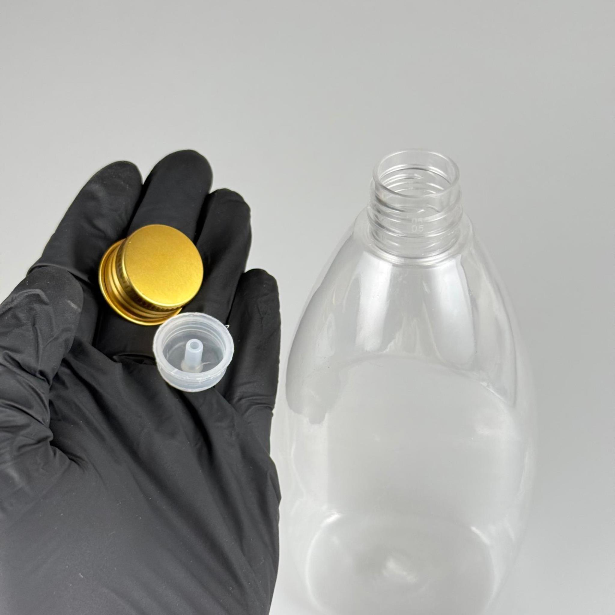 400 CC YASSI PET SIVI SABUN ŞİŞESİ (AĞIZ ÇAPI 24 MM) + KÖPÜK CONTALI GOLD METAL ALÜMİNYUM KAPAKLI +KOLONYA TIPALI TAKIM - 400 ML KAPAKLI PLASTİK ŞİŞELER