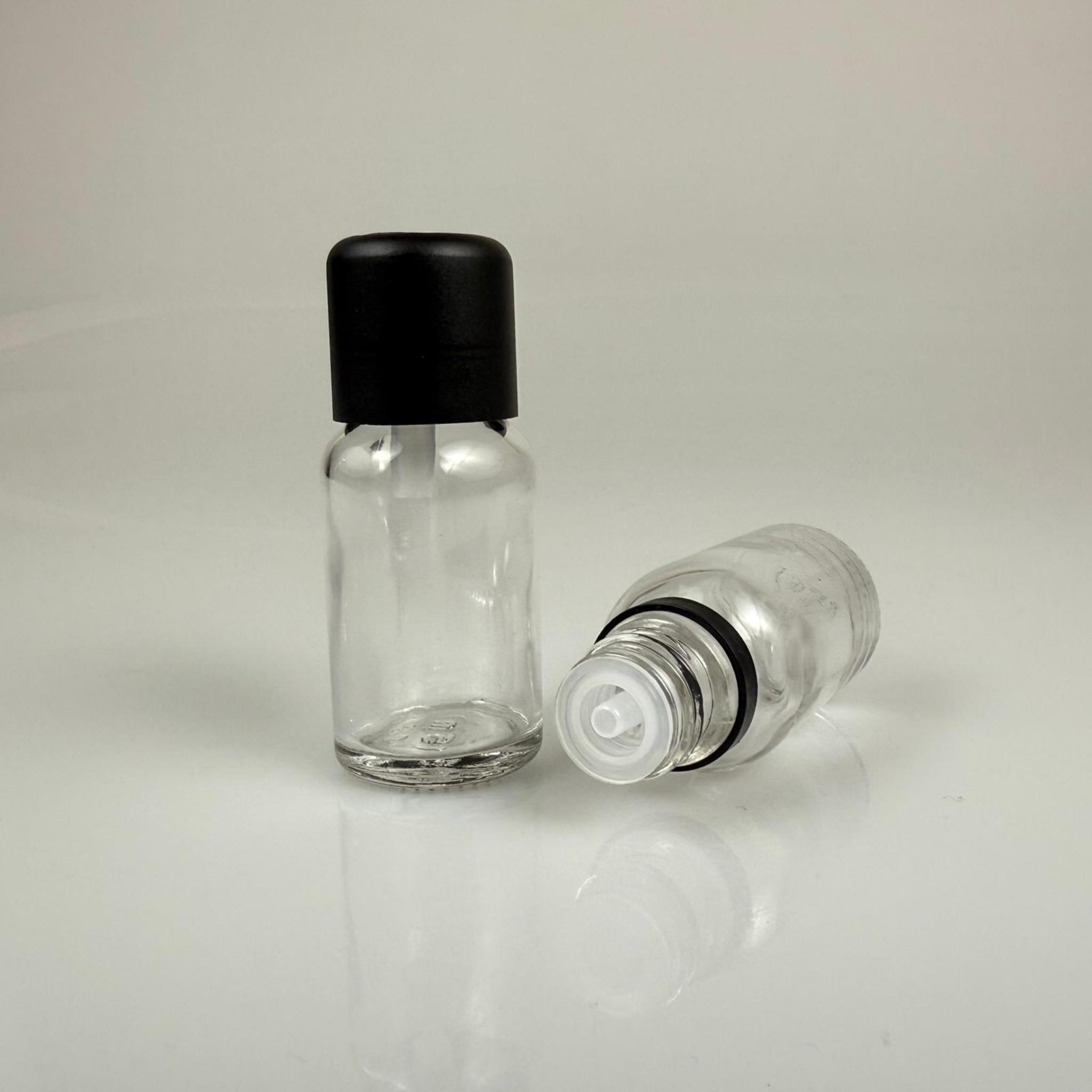 15 CC ŞEFFAF CAM ŞİŞE + İÇTEN DAMLALIKLI ÇOCUK KİLİTLİ SİYAH KAPAK - SAYDAM 15 ML KİLİT KAPAKLI DAMLATMALI ŞİŞE