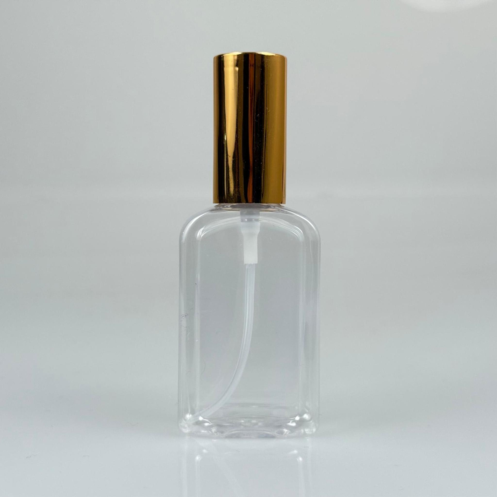 50 ML PET KOLONYA, PARFÜM VB ŞİŞELERİ - METAL ALÜMİNYUM GOLD KAPAK + VİDALI SPREY + 50 CC KÖŞELİ YASSI ŞİŞE SET TAKIM