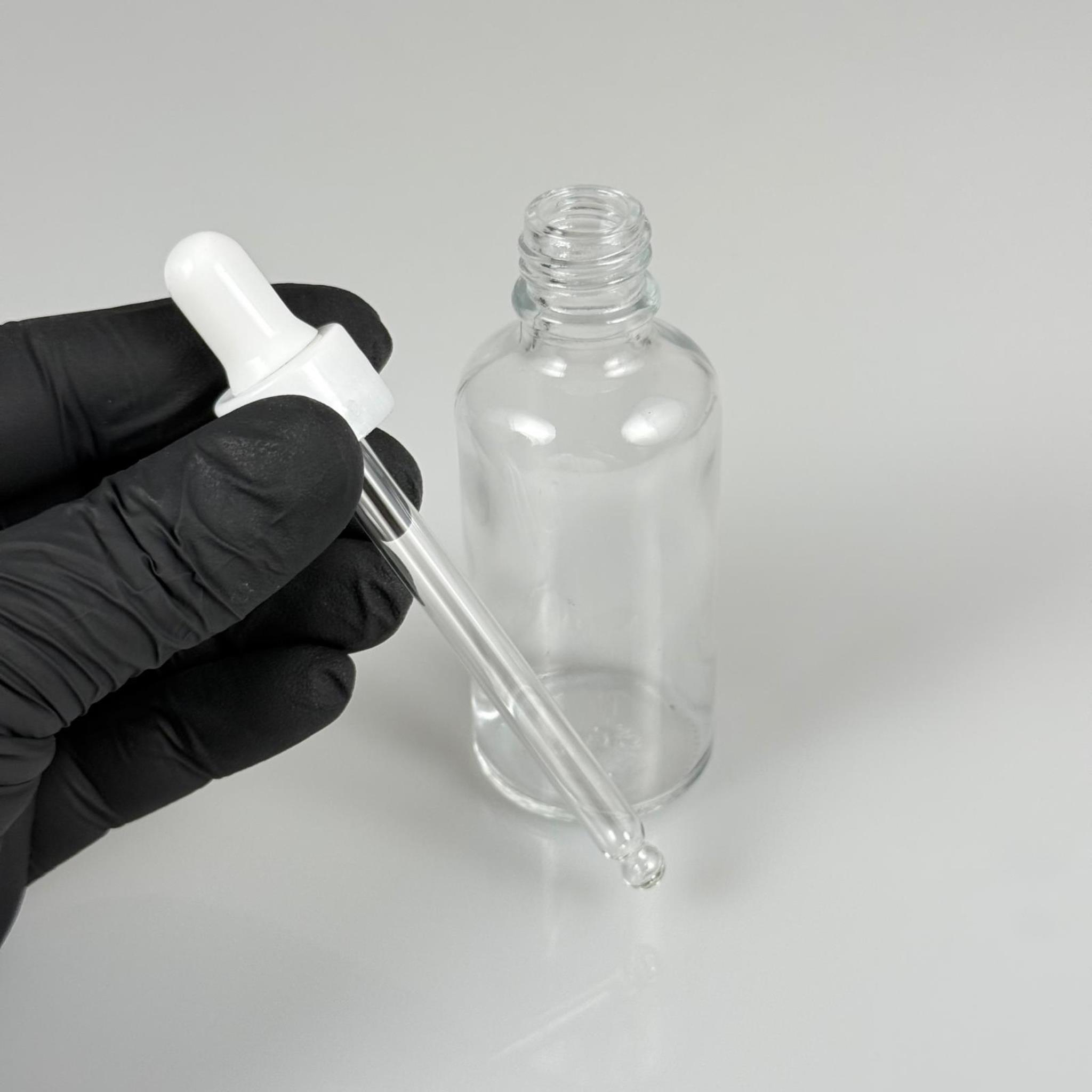 50 CC ŞEFFAF CAM DAMLALIKLI ŞİŞE - BEYAZ EMZİK + BEYAZ DÜZ KAPAK + CAM PİPET TAKIM - 50 ML DAMLALIKLI ŞİŞE SETİ