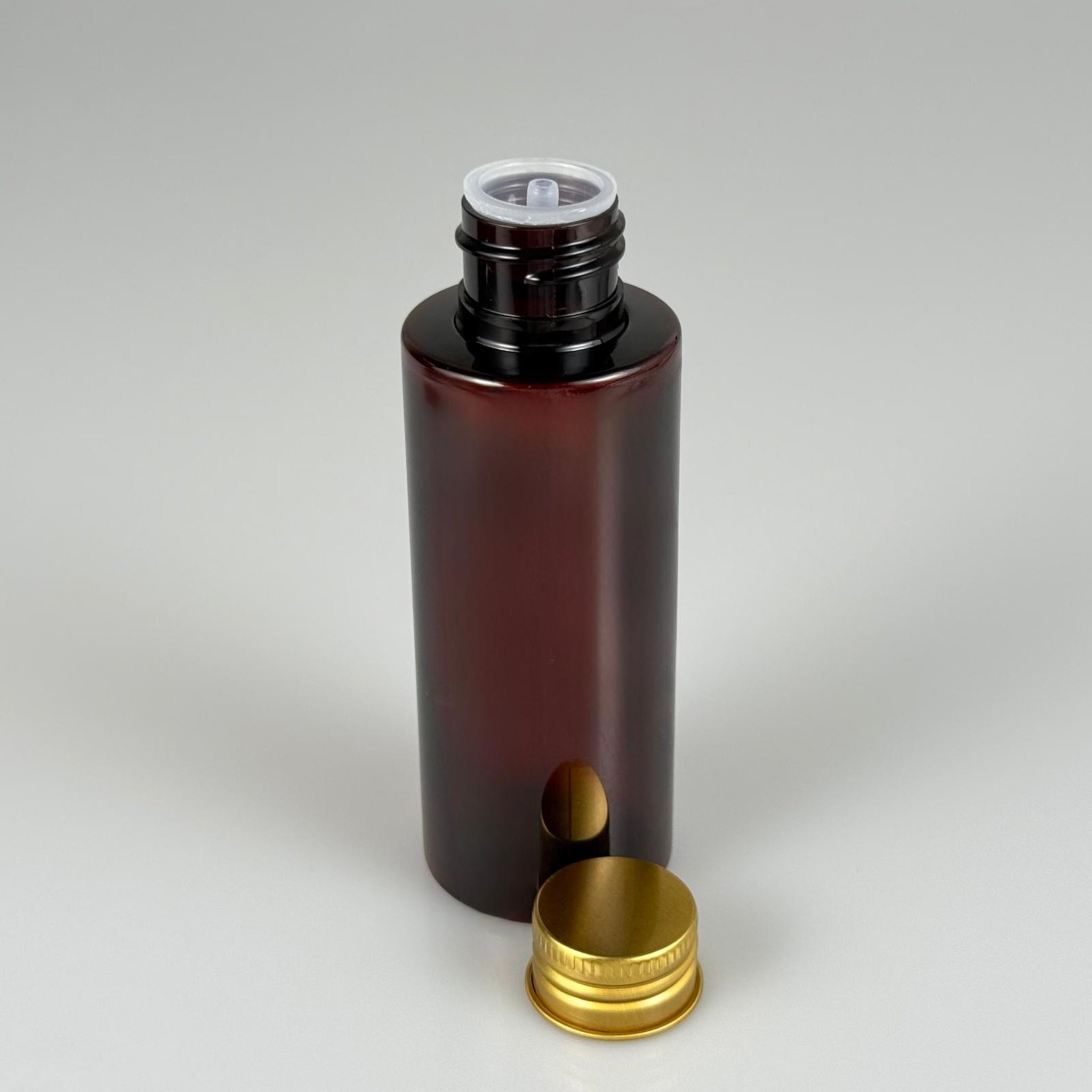 100 CC AMBER SİLİNDİR KESKİN KÜT MODEL SERT PET ŞİŞE (17 GR - 24 AĞIZ ) + KÖPÜK CONTALI GOLD METAL ALÜMİNUM KAPAKLI + KOLONYA TIPALI TAKIM - 100 ML KAPAKLI AMBER PLASTİK ŞİŞELER