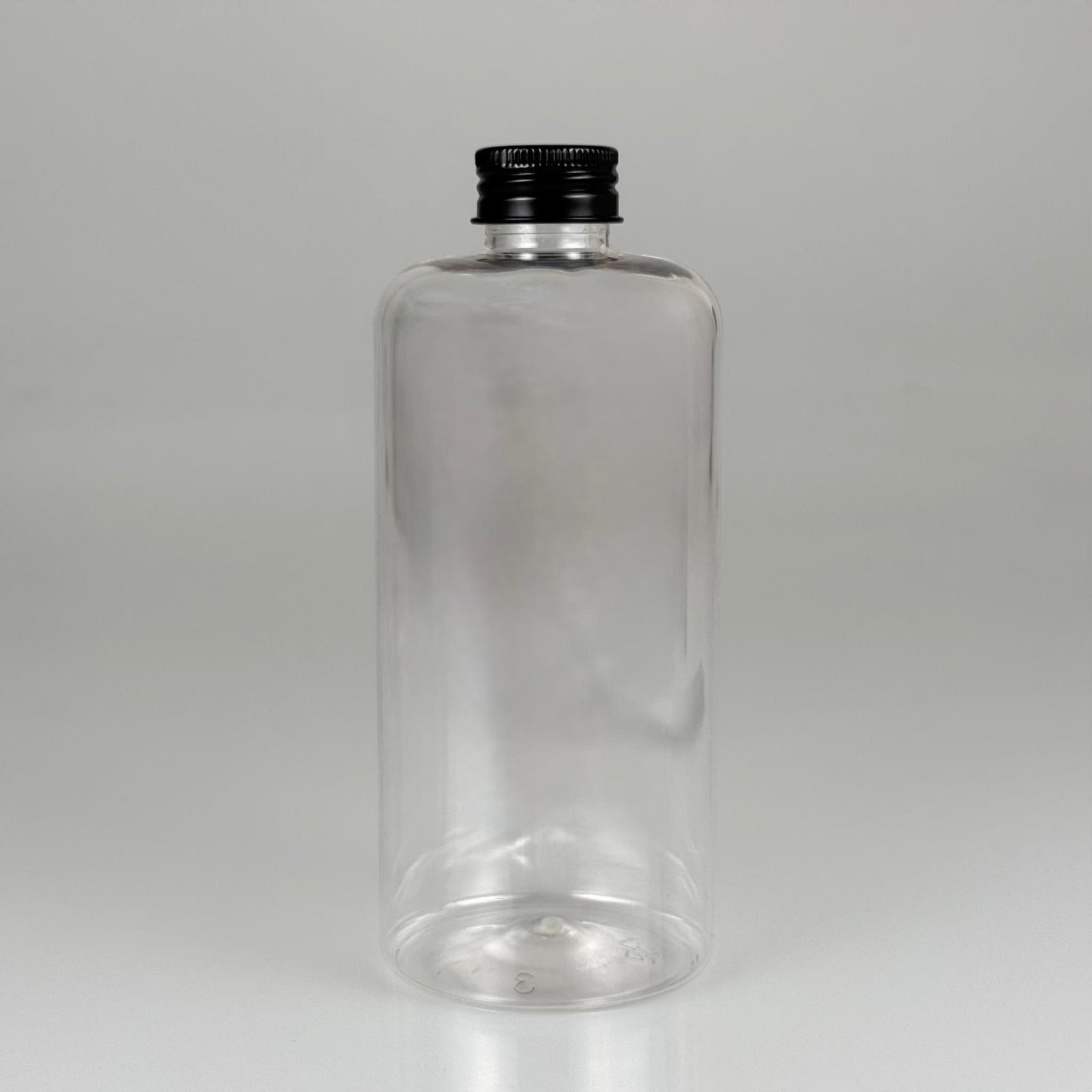 500 CC ŞEFFAF UZUN SİLİNDİR PET ŞİŞE KALIN (26 GR) - SİYAH METAL ALÜMİNYUM KAPAKLI - 28 AĞIZ - 500 ML PET ŞİŞE