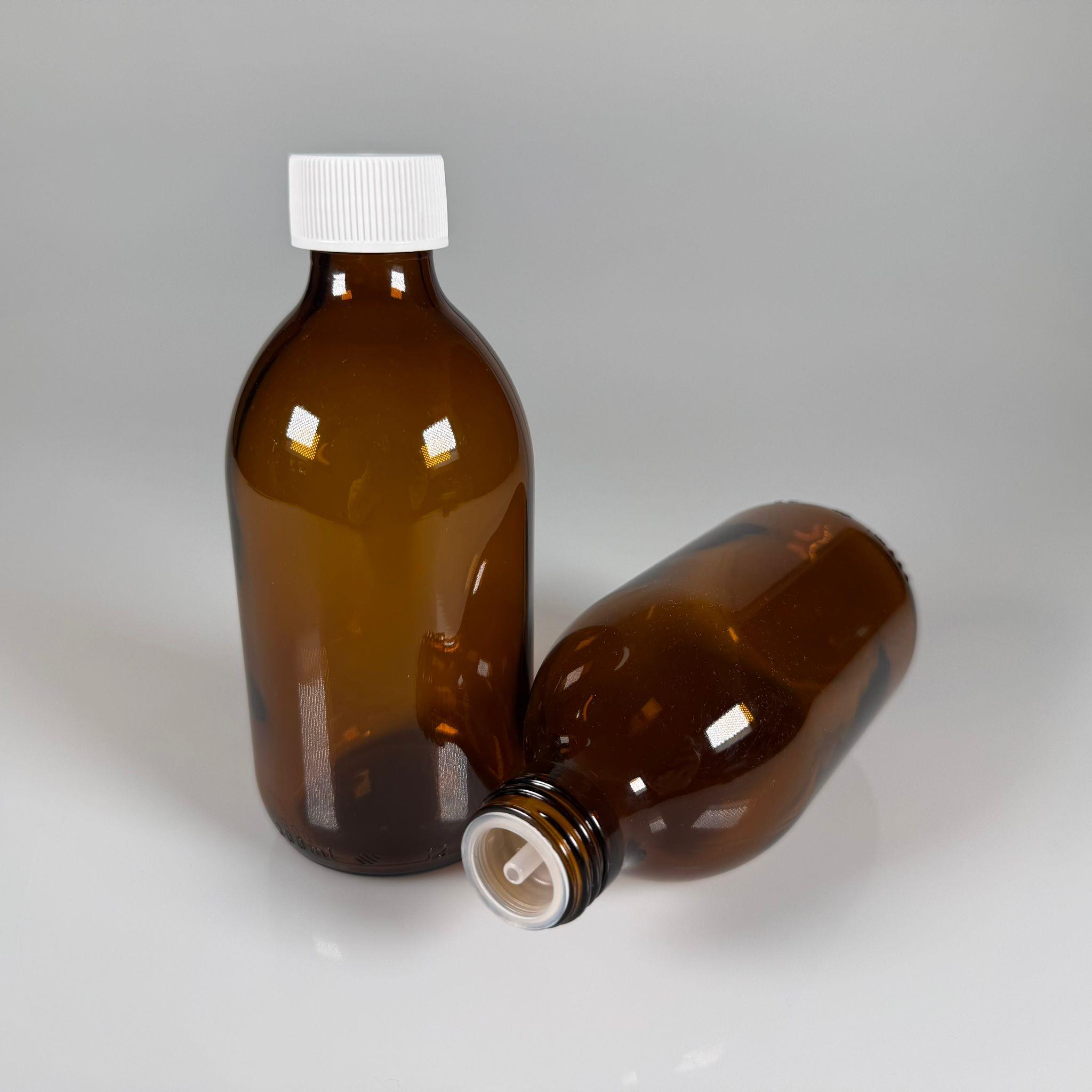 300 ML DOLUMU KOLAY, GENİŞ AĞIZLI İÇTEN DAMLALIKLI ŞİŞE (28 MM AĞIZ)  - 300 CC BEYAZ CONTALI KAPAKLI İÇTEN DAMLALIKLI CAM ECZA ŞİŞESİ - AMBER KAHVERENGİ