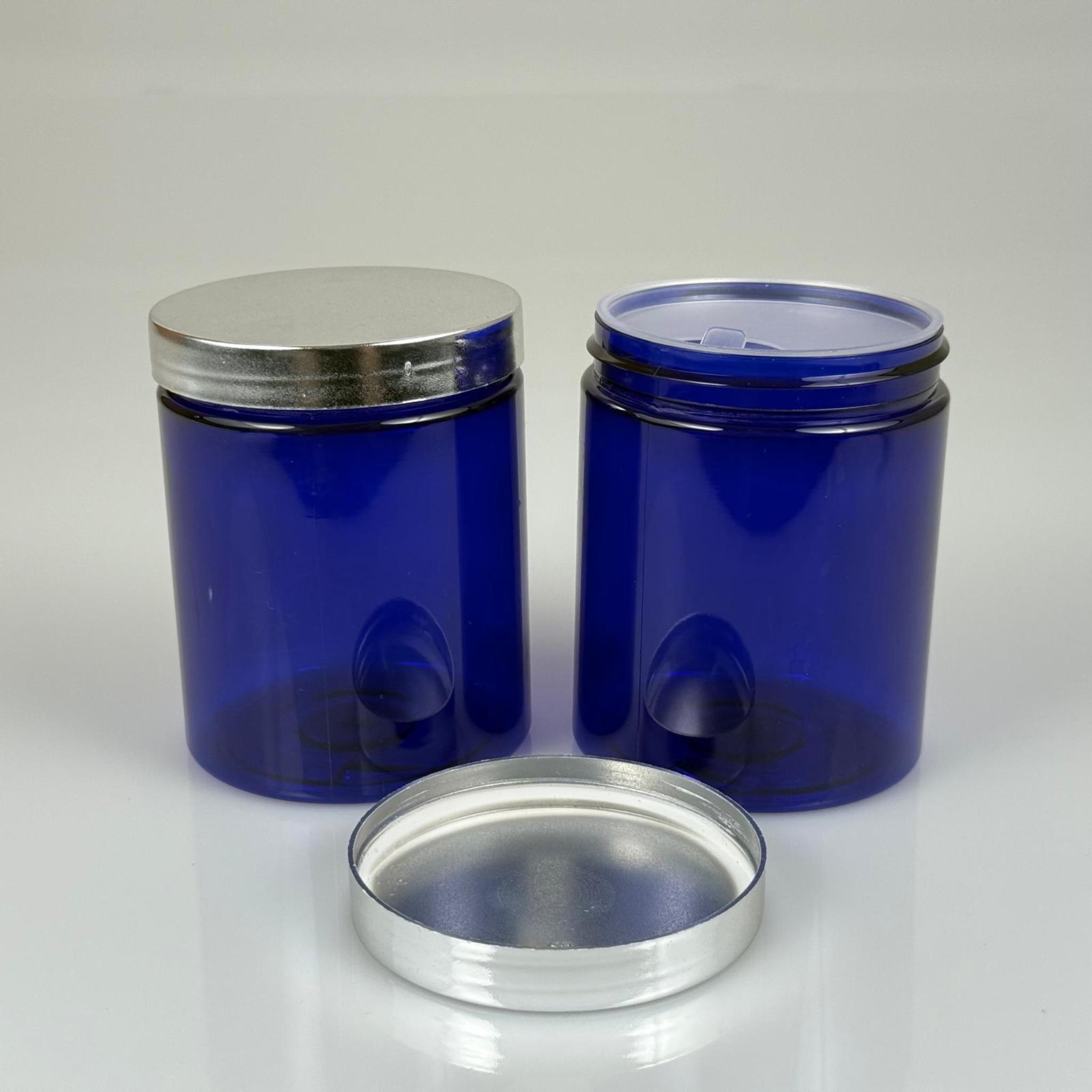 300 ML SERT PET KAVANOZ + GÜMÜŞ KAPLAMALI PLASTİK KAPAK + İÇ TIPA - 300 CC KALIN MAVİ PLASTİK KAVANOZ GÜMÜŞ KAPLAMALI PLASTİK KAPAKLI İÇ TIPALI TAKIM - KREM KAVANOZLARI