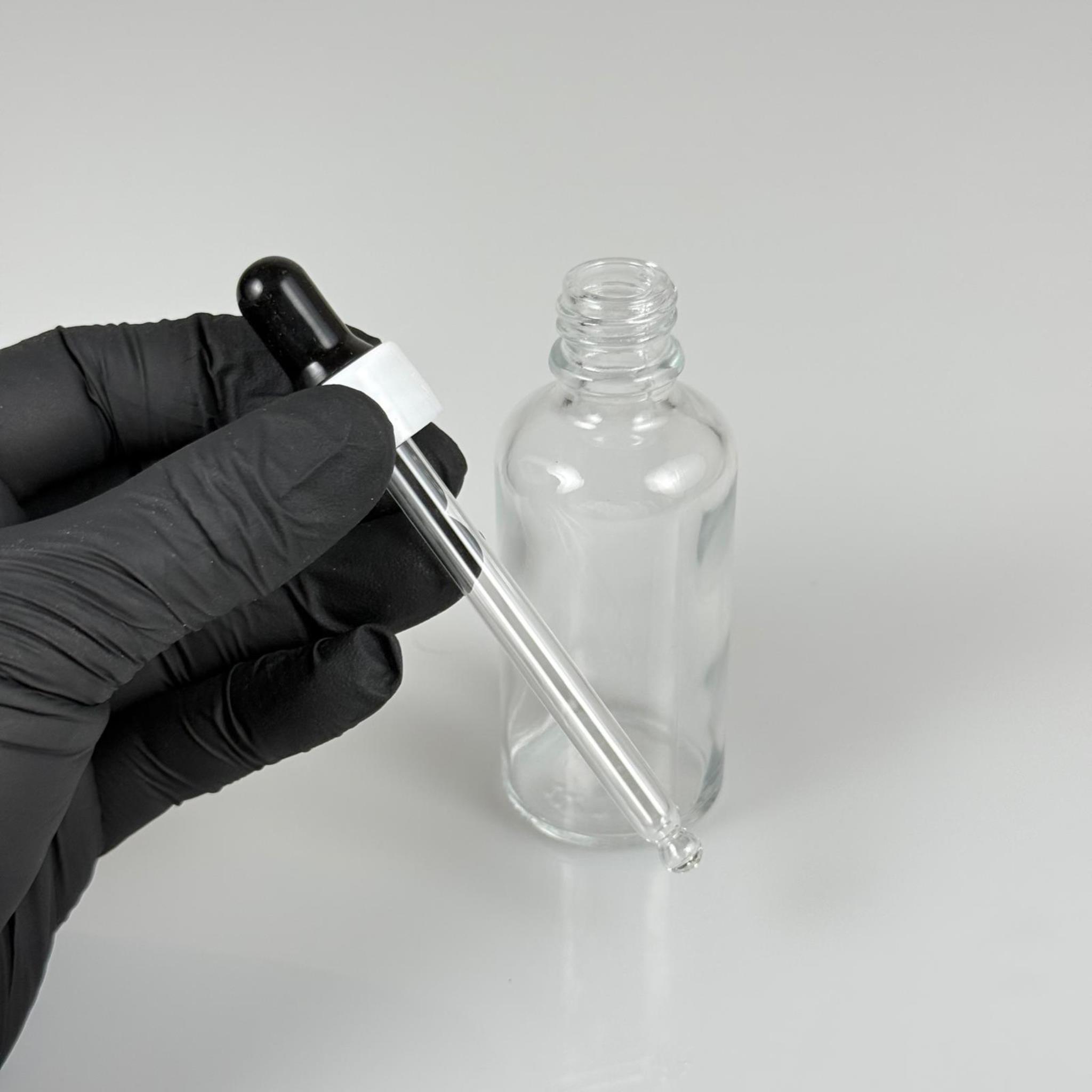 50 CC ŞEFFAF CAM DAMLALIKLI ŞİŞE - SİYAH EMZİK + BEYAZ DÜZ KAPAK + CAM PİPET TAKIM - 50 ML DAMLALIKLI ŞİŞE SETİ