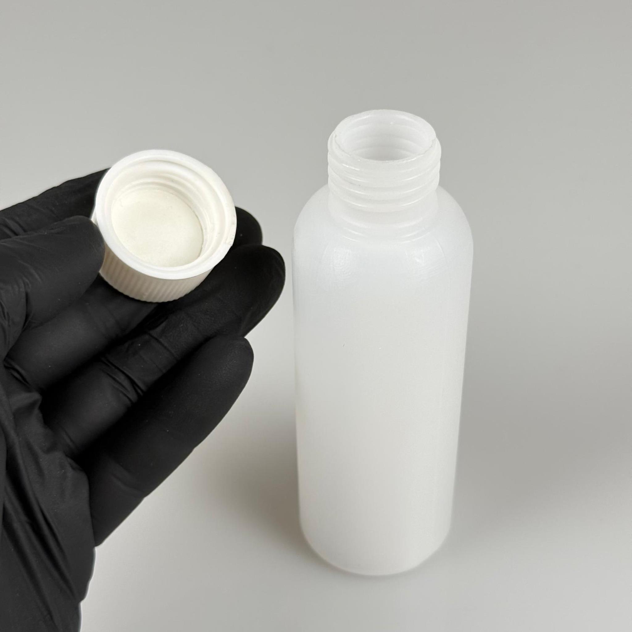 100 CC NATÜREL SERT POLİETİLEN ŞİŞE ( 24 MM ) + BEYAZ ÇOCUK KİLİTLİ KAPAK  ( SIZDIRMAZ KÖPÜK CONTALI ) - 100 ML SERT POLİETİLEN KOLONYA ŞİŞESİ